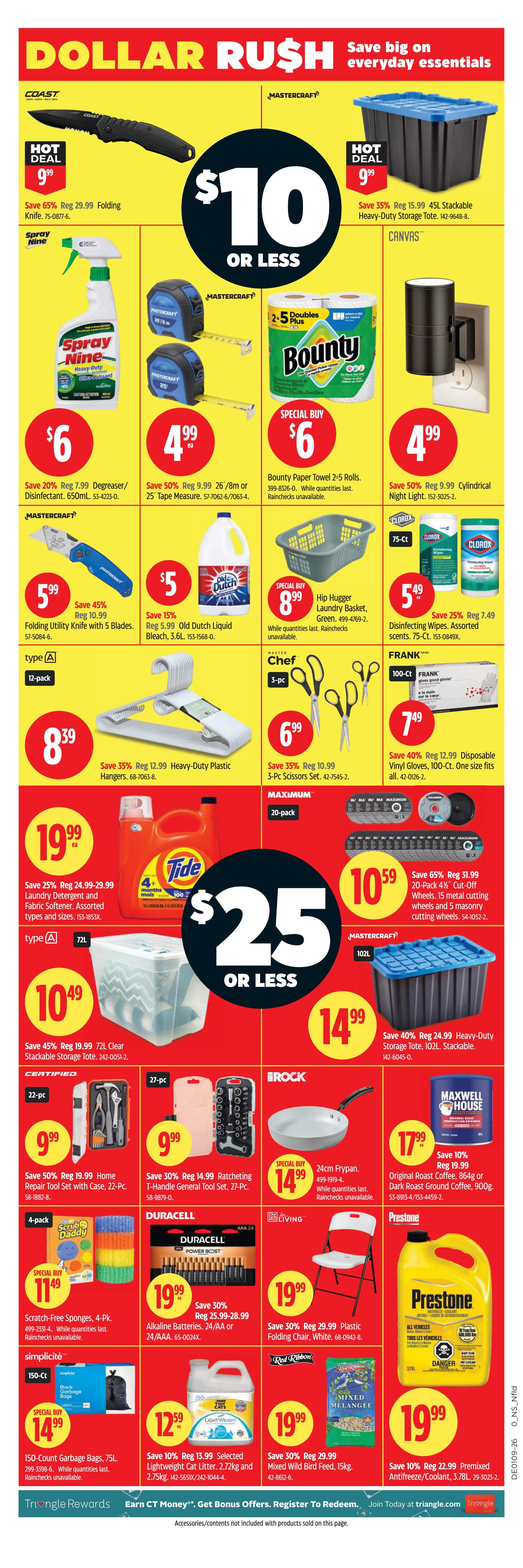 Canadian Tire flyer page 2 featuring a Dollar Rush sale on everyday essentials. Hot deals include a Coast Folding Knife for $9.99 (save 65%), and a Mastercraft 45L Stackable Heavy-Duty Storage Tote for $9.99 (save 35%). Other featured items are Spray Nine Heavy-Duty Cleaner/Degreaser for $6 (save 20%), Bounty Paper Towels 2-5 rolls for $6, Mastercraft 25' Tape Measures for $4.99 each (save 50%), and a Cylindrical Night Light for $4.99 (save 50%). Also on sale are a Mastercraft Folding Utility Knife with 5 blades for $5.99 (save 45%), Old Dutch Liquid Bleach 3.6L for $5 (save 15%), Clorox Disinfecting Wipes 75-count for $5.49 each (save 25%), Master Chef 3-pc Scissors Set for $6.99 (save 35%), and Frank Disposable Vinyl Gloves 100-count for $7.49 (save 40%). Large savings on Tide Laundry Detergent and Fabric Softener for $19.99 (save 25%), and a 72L Clear Stackable Storage Tote for $10.49 (save 45%). Maximum 20-pack 4 1/2' Cut-Off Wheels and 15 masonry cutting wheels for $10.59 (save 65%). Mastercraft 102L Heavy-Duty Storage Tote for $14.99 (save 40%). Certified Home Repair Tool Set with case for $9.99 (save 50%), and a 27-pc Ratcheting T-Handle General Tool Set for $9.99 (save 30%). Scrub Daddy Sponges 4-pk for $11.49. Duracell Alkaline Batteries 24-pack for $19.99 (save 30%). The Rock 24cm Frypan for $14.99. Maxwell House Coffee 864g or Dark Roast Ground Coffee 900g for $17.99 (save 10%). Simplicity 150-count Garbage Bags 75L for $14.99. Red Ribbon Mixed Wild Bird Feed 15kg for $19.99 (save 30%). Prestone Antifreeze/Coolant 3.78L for $19.99 (save 10%). A For Living Folding Chair is $19.99. Rainchecks are unavailable for select items.