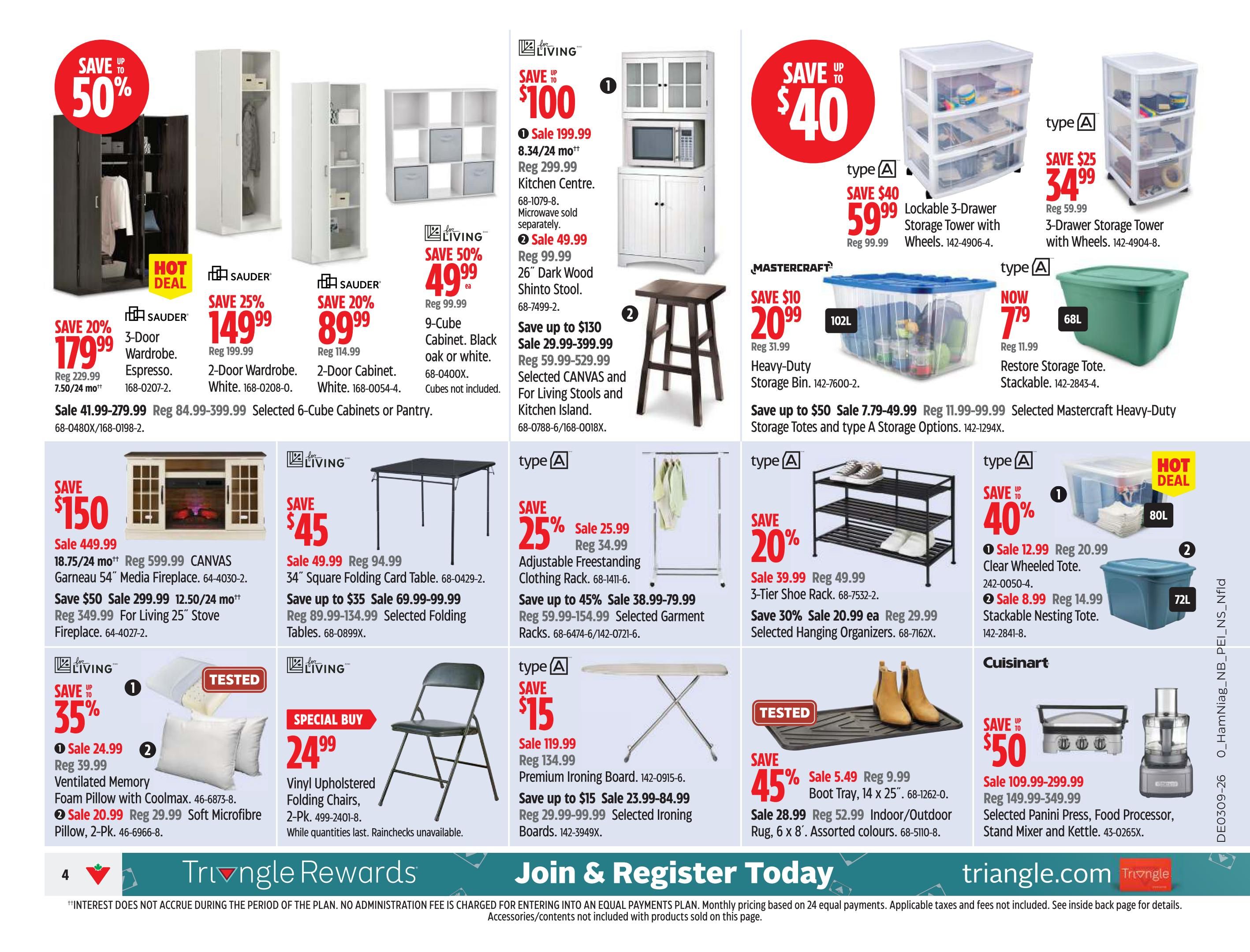 Canadian Tire Atlantic Canada weekly flyer specials page 6. Features Sauder 3-Door Wardrobe in Espresso for $179.99 (save 20%), Sauder 2-Door Wardrobe in White for $149.99 (save 25%), and Sauder 9-Cube Cabinet in Black, Oak, or White for $49.99 (save 50%). Also on sale is a For Living 26' Dark Wood Shinto Stool for $49.99 (save up to $100). Mastercraft Heavy-Duty Storage Bin 102L is $20.99 (save $10), and Restore Storage Tote 68L is $7.79 (save up to $130). Storage Totes and type A Storage Options are available. Featured are two types of Lockable 3-Drawer Storage Towers with Wheels: one for $59.99 (save $40) and another for $34.99 (save $25). For Living 34' Square Folding Card Table is $49.99 (save $45). Special Buy: Vinyl Upholstered Folding Chairs 2-Pk. for $24.99. For Living Premium Ironing Board is $15 (sale $25.99, reg $34.99). Selected Garment Racks are on sale starting at $38.99. For Living 25' Stove Fireplace is $299.99. A CANVAS Garneau 54' Media Fireplace is on sale for $449.99 (save $150). Also, save 20% on a 3-Tier Shoe Rack for $39.99 and save 30% on Selected Hanging Organizers for $20.99 each. Tested items include Ventilated Memory Foam Pillow with Coolmax for $24.99 (save 35%) and Soft Microfibre Pillow 2-Pk. for $20.99 (save 20%). Save 45% on a Boot Tray 14 x 25' for $5.49 and Indoor/Outdoor Rug 6 x 8' for $28.99. Cuisinart offers a Panini Press, Food Processor, Stand Mixer, and Kettle starting at $109.99 (save up to $50). Also, save 40% on Clear Wheeled Tote 80L for $12.99 and Stackable Nesting Tote 72L for $8.99.