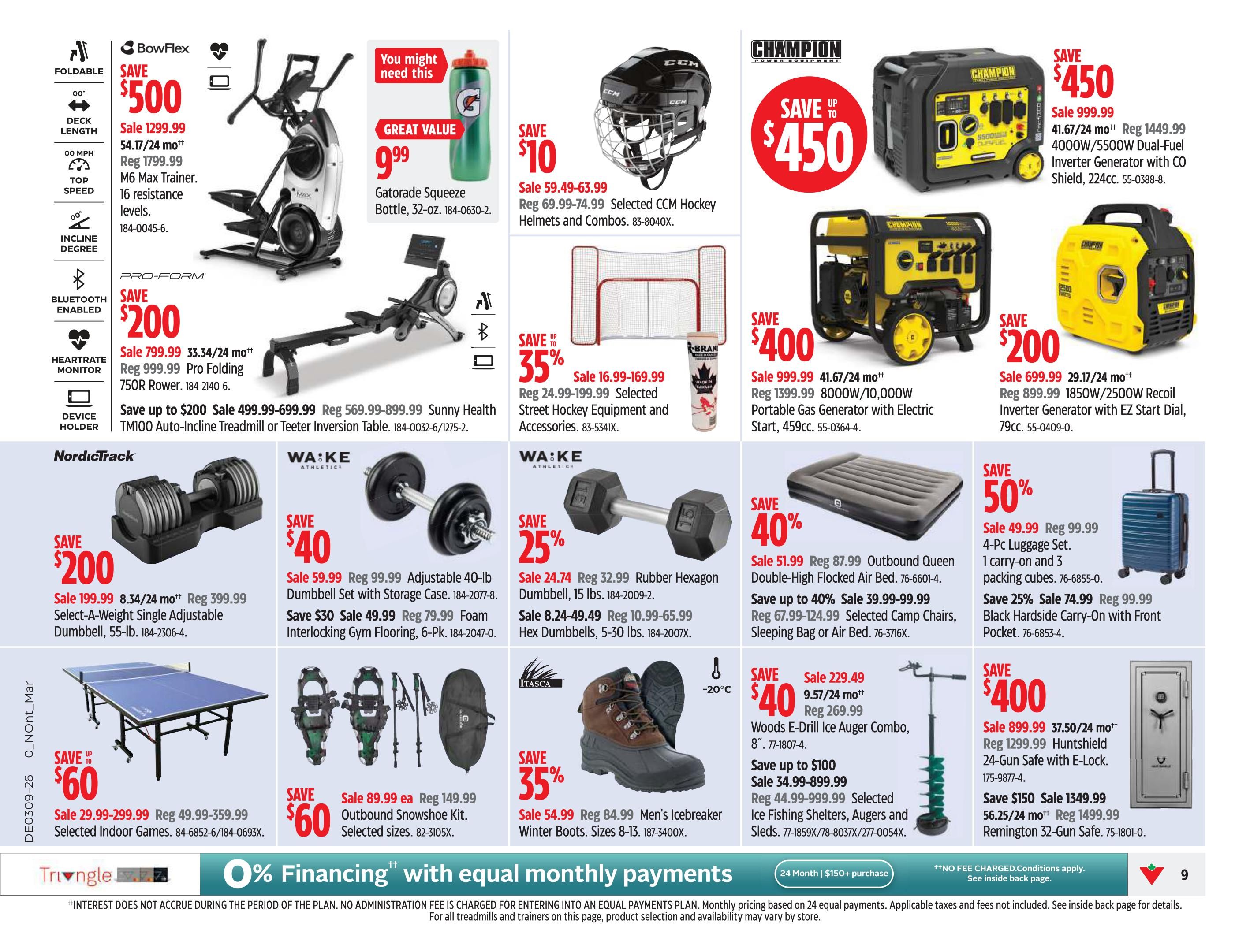 Canadian Tire Atlantic Canada weekly flyer specials page 11. Features a BowFlex M6 Max Trainer, foldable with 54.17/24 mo++ sale price of $799.99 (regular $1799.99), saving $500. Also on sale is a ProForm Pro Folding 750R Rower for $799.99 (regular $999.99), saving $200. A NordicTrack TM100 Auto-Incline Treadmill or Teeter Inversion Table is on sale for $499.99-$699.99 (regular $569.99-$899.99), saving up to $200. A Gatorade Squeeze Bottle (32-oz) is a great value at $9.99. Selected CCM Hockey Helmets and Combos are on sale for $59.49-$63.99, saving $10. Champion Power Equipment generators are featured: a 4000W/5500W Dual-Fuel Inverter Generator is on sale for $999.99 (regular $1399.99), saving $450, and an 1850W/2500W Recoil Inverter Generator with EZ Start Dial is on sale for $699.99 (regular $899.99), saving $200. WA:KE Athletic products include a 40-lb. Dumbbell Set with Storage Case for $59.99 (regular $99.99), saving $40, and Foam Interlocking Gym Flooring (6-Pk.) for $49.99 (regular $79.99), saving $30. Also available are 15-lb. Rubber Hexagon Dumbbells for $24.74 (regular $32.99), saving 25%, and 5-30 lb. Hex Dumbbells for $8.24-$49.49 (regular $10.99-$65.99). Outbound products include a Queen Double-High Flocked Air Bed for $51.99 (regular $87.99), saving 40%, and a Black Hardside Carry-On Luggage Set for $49.99 (regular $99.99), saving 50%. Also on sale is a Black Hardside Carry-On with Front Pocket for $74.99 (regular $99.99), saving 25%. Selected Indoor Games are on sale for $29.99-$299.99 (regular $49.99-$359.99), saving up to $60. An Outbound Snowshoe Kit is on sale for $89.99 each (regular $149.99), saving $60. Men's Icebreaker Winter Boots (Sizes 8-13) are on sale for $54.99 (regular $84.99), saving 35%. A Woods E-Drill Ice Auger Combo (8-inch) is on sale for $229.49 (regular $269.99), saving $40. Selected Ice Fishing Shelters, Augers and Sleds are on sale for $34.99-$899.99 (regular $44.99-$999.99), saving up to $100. A Huntshield 24-Gun Safe with E-Lock is on sale for $899.99 (regular $1299.99), saving $400. A Remington 32-Gun Safe is on sale for $1349.99 (regular $1499.99), saving $150. The flyer also advertises 0% financing with equal monthly payments on purchases of $150+ over 24 months.