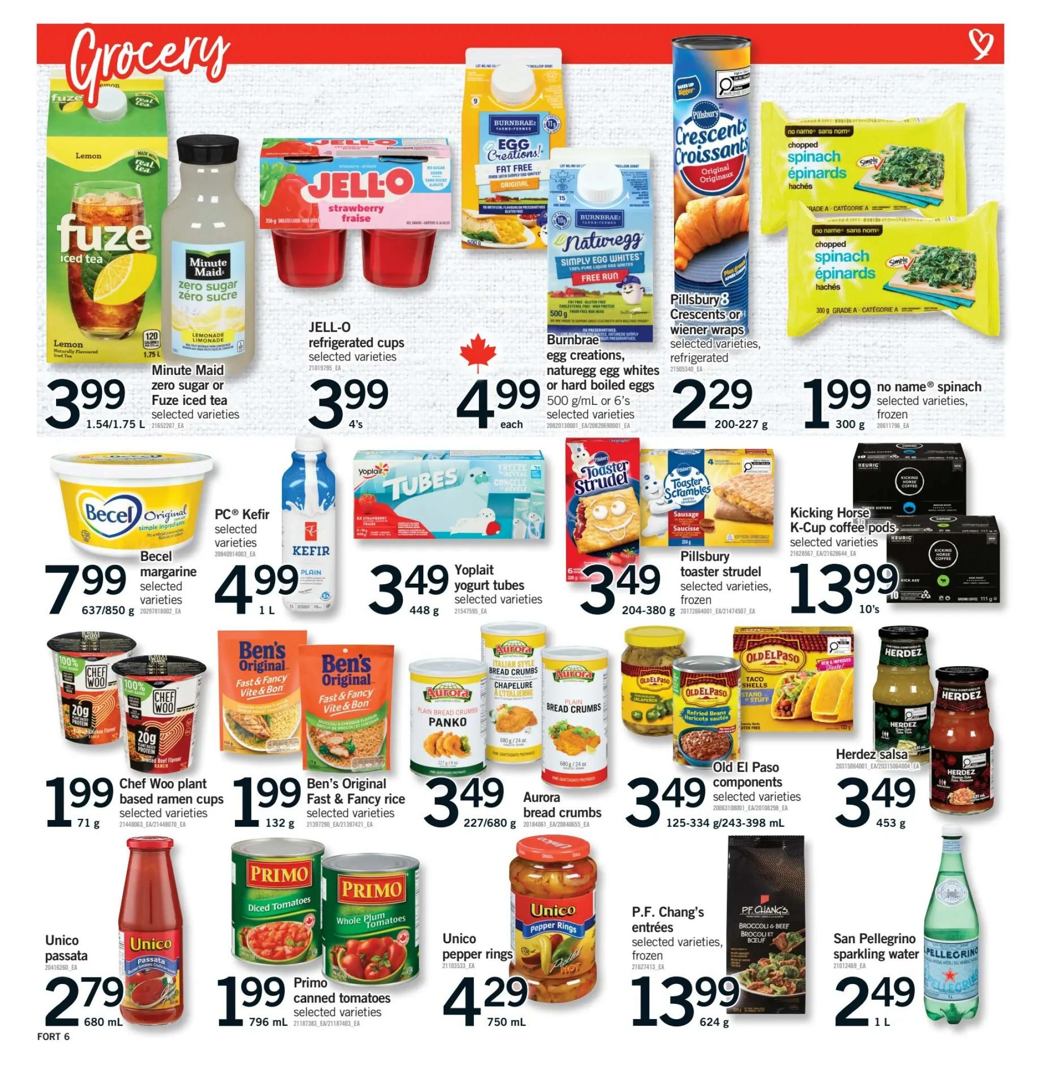 Fortinos weekly flyer specials page 7 features a variety of grocery items. Featured products include Fuze iced tea and Minute Maid zero sugar lemonade for $3.99, JELL-O refrigerated cups for $3.99, Burnbrae Farms egg creations and Naturegg egg whites for $4.99, and Pillsbury croissants or wiener wraps for $2.29. Also on sale are no name spinach for $1.99, Becel margarine for $7.99, PC Kefir for $4.99, Yoplait yogurt tubes for $3.49, Pillsbury toaster strudel or toaster scrambles for $3.49, and Kicking Horse K-Cup coffee pods for $13.99. Other deals include Chef Woo plant-based ramen cups for $1.99, Ben's Original Fast & Fancy rice for $1.99, Aurora bread crumbs for $3.49, Old El Paso components for $3.49, Herdez salsa for $3.49, Primo canned tomatoes for $1.99, Unico passata for $2.79, Unico pepper rings for $4.29, P.F. Chang's entrées for $13.99, and San Pellegrino sparkling water for $2.49.