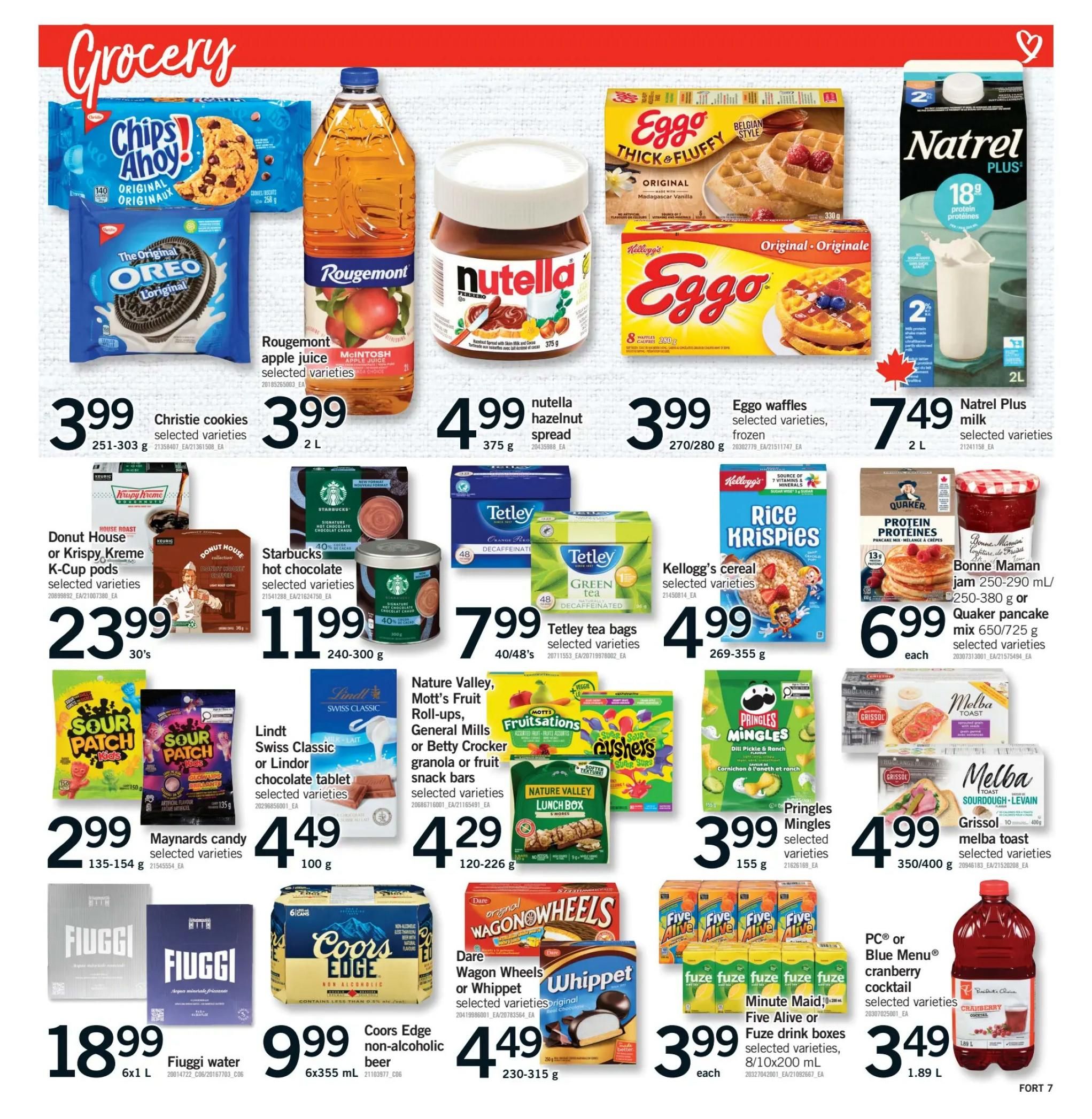 Fortinos weekly flyer specials page 8 features a variety of grocery items. Top row includes Christie cookies for $3.99, Rougemont apple juice for $3.99, Nutella hazelnut spread for $4.99, Eggo waffles for $3.99, and Natrel Plus milk for $7.49. The second row showcases Donut House or Krispy Kreme K-Cup pods for $23.99, Starbucks hot chocolate for $11.99, Tetley tea bags for $7.99, Kellogg's cereal for $4.99, and Bonne Maman jam or Quaker pancake mix for $6.99. The third row offers Sour Patch Kids candy for $2.99, Maynards candy for $4.49, Nature Valley, Mott's Fruit Roll-ups, General Mills or Betty Crocker granola or fruit snack bars for $4.29, Pringles Mingles for $3.99, and Grissol melba toast for $4.99. The bottom row features Fiuggi water for $18.99, Coors Edge non-alcoholic beer for $9.99, Minute Maid or Five Alive or Fuze drink boxes for $3.99 each, and PC or Blue Menu cranberry cocktail for $3.49.