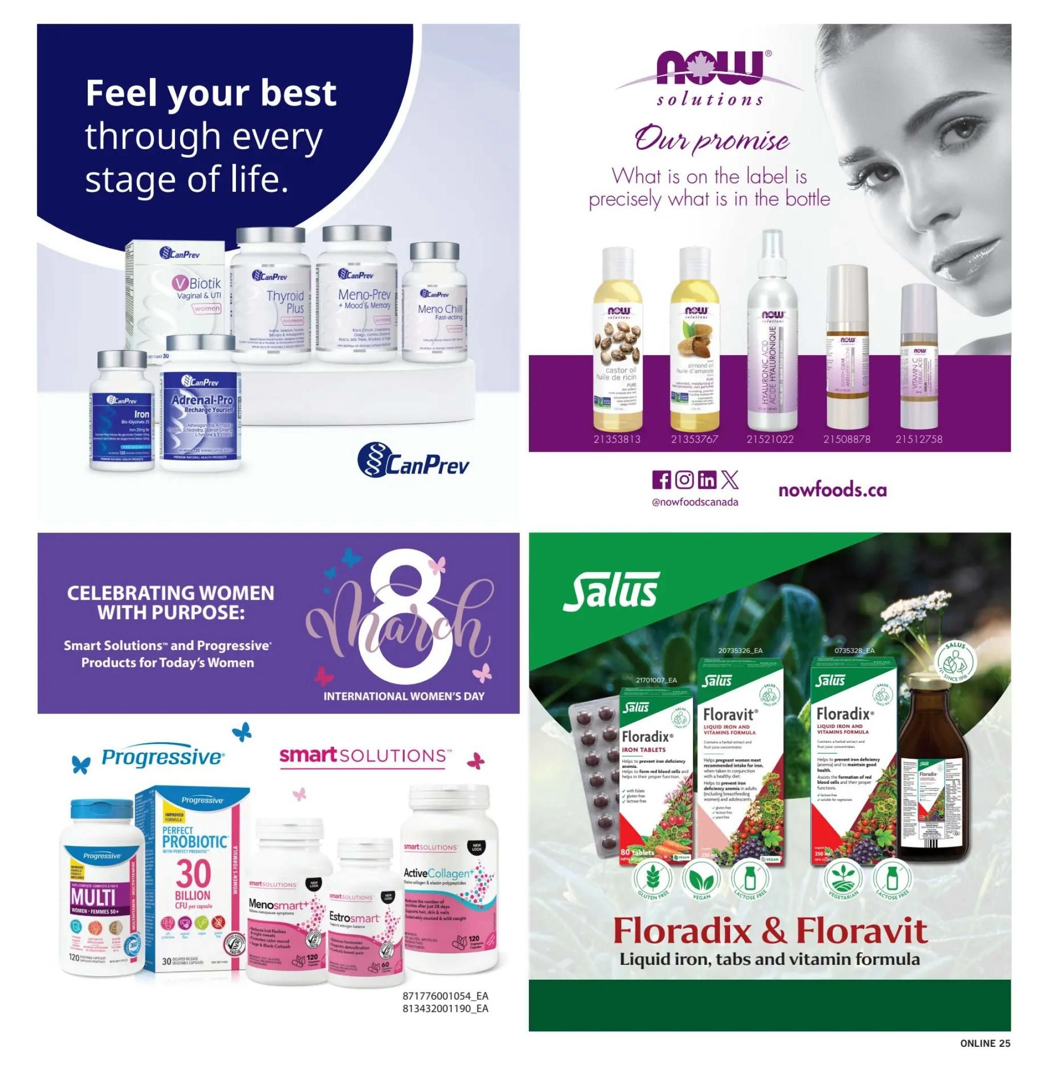 Fortinos weekly flyer specials page 24 features a variety of health and wellness products. The top left section showcases CanPrev products including Biotic Vaginal & UTI, Thyroid Plus, Meno-Prev + Mood & Memory, Meno-Chill Fast-acting, Iron Bis-Glycinate 25mg, and Adrenal-Pro Recharge Yourself. The top right section highlights NOW Solutions with products like Castor Oil, Almond Oil, Hyaluronic Acid, and Vitamin C serum. The bottom left section celebrates International Women's Day with Smart Solutions and Progressive products, featuring Progressive Multi Women-Femmes 50+, Progressive Perfect Probiotic with 30 Billion CFU per capsule, Smart Solutions Menosmart+, and Estrosmart. The bottom right section features Salus Floradix & Floravit, including Floradix Iron Tablets and Floradix Liquid Iron and Vitamins Formula in both tablet and liquid forms, suitable for vegetarians and lactose-free.