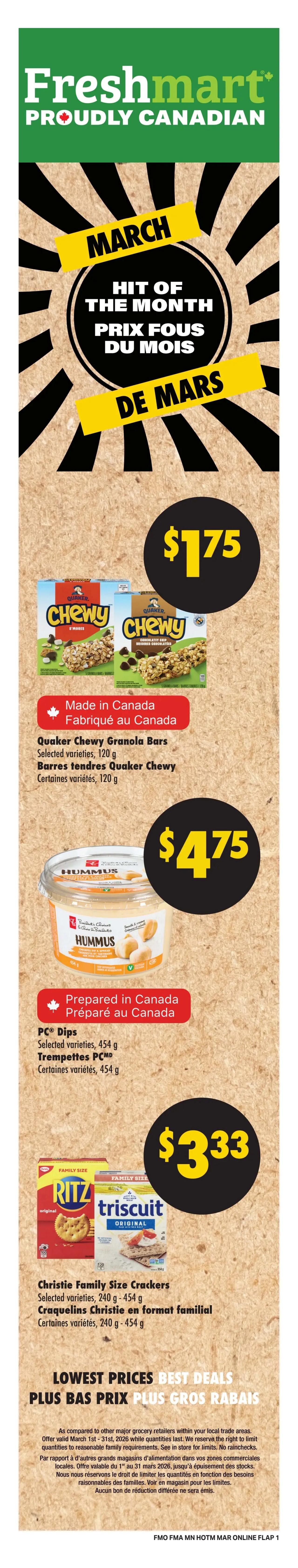 Freshmart Atlantic Canada weekly flyer specials page 2. Features President's Choice products including PC Kettle Cooked, Loads of Flavour, or World of Flavour Potato Chips in selected varieties, 200g, on sale 2 for $5 or $2.50 each. Also available are PC Mini Muffins in selected varieties, 12's, for $3.99. PC Tex Mex Cheese Blend, 320g, and PC Cheese Bars, 300/400g, or PC Cheese Shreds, 250-320g, selected varieties, are $6.49. Finally, PC Chocolate Covered Nuts or Bars, selected varieties, 200-400g, are $8.49.