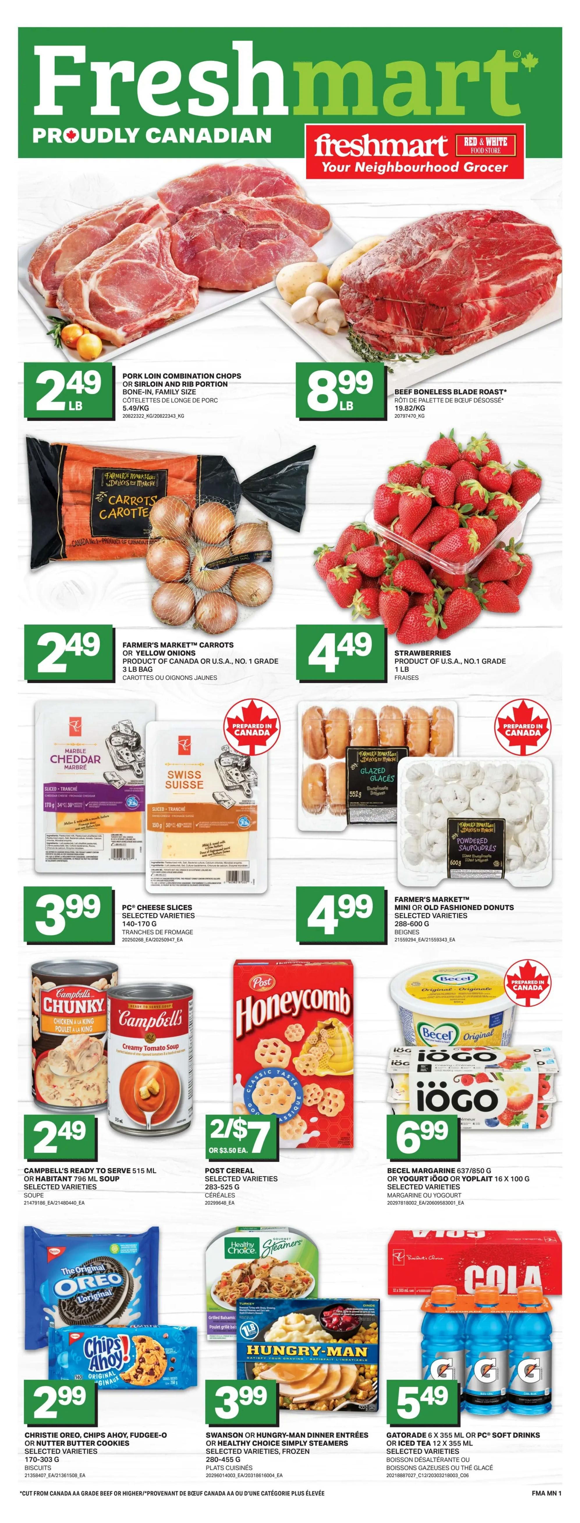 Freshmart proudly Canadian flyer featuring March Hit of the Month specials. Pictured are Quaker Chewy Granola Bars, selected varieties, 120g, for $1.75. Also featured are PC Dips, selected varieties, 454g, prepared in Canada, for $4.75. Christie Family Size Crackers, including Ritz and Triscuit original varieties, 240g-454g, are on sale for $3.33. The flyer highlights 'Lowest Prices, Best Deals' and is valid from March 1st to March 31st, 2026.