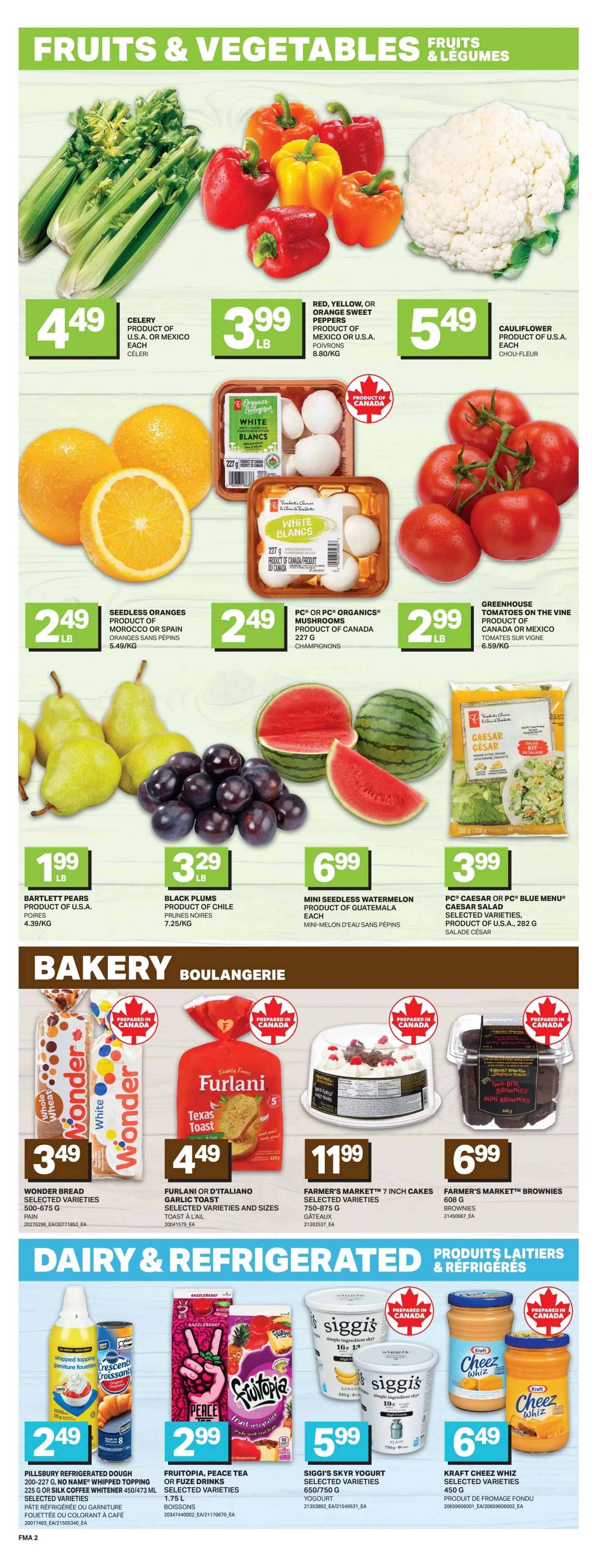 Freshmart Atlantic Canada Weekly Flyer Specials, Page 5. Featured fruits and vegetables include Celery for $4.49/lb, Red, Yellow, or Orange Sweet Peppers for $3.99/lb, and Cauliflower for $5.49/lb. Also available are Seedless Oranges from Morocco or Spain for $2.49/lb, PC or PC Organics Mushrooms for $2.49 per 227g package, and Greenhouse Tomatoes on the Vine for $2.99/lb. Seasonal items include Bartlett Pears for $1.99/lb, Black Plums for $3.29/lb, Mini Seedless Watermelon for $6.99 each, and PC Caesar or PC Blue Menu Caesar Salad for $3.99 per 282g bag. In the Bakery section, Wonder Bread is $3.49, Furlani or D'Italiano Garlic Toast is $4.49, Farmer's Market 7-inch Cakes are $11.99, and Farmer's Market Brownies are $6.99. Dairy and Refrigerated items include Pillsbury Refrigerated Dough and Whipped Topping for $2.49, Fruitoia, Peace Tea, or Fuze Drinks for $2.99, Siggi's Skyr Yogurt for $5.99, and Kraft Cheez Whiz for $6.49.