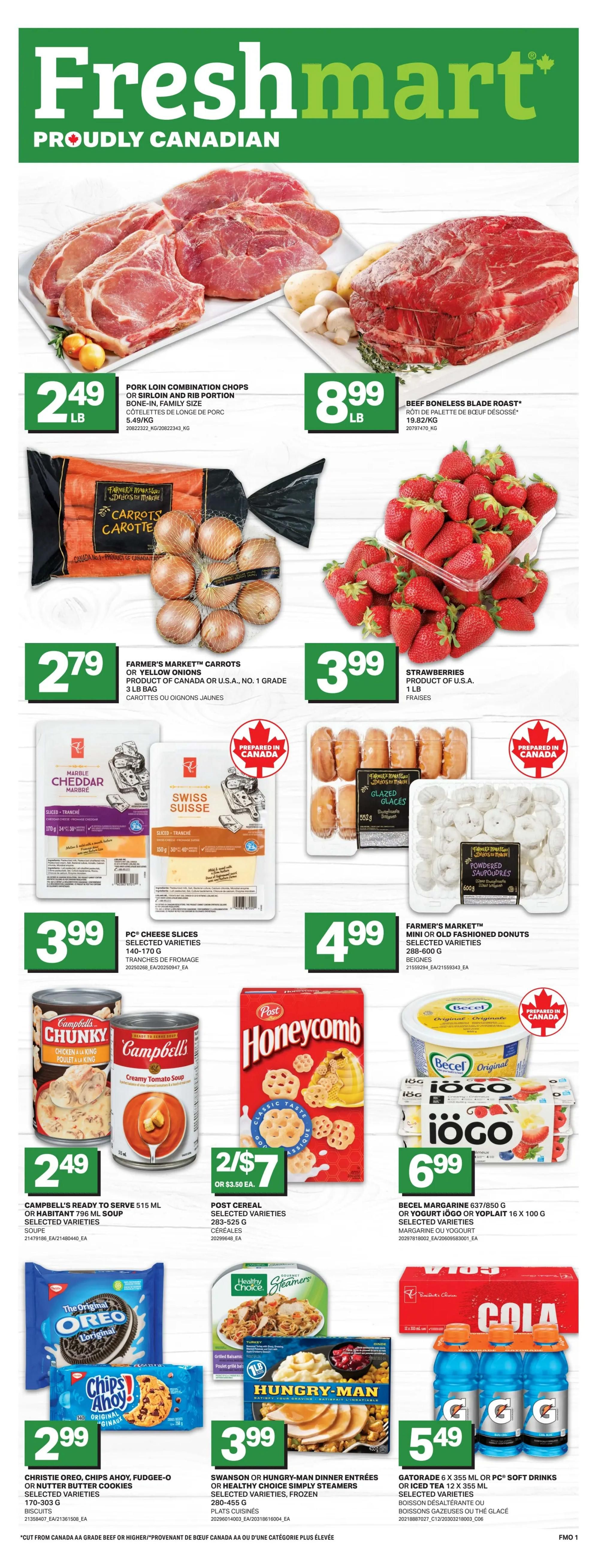 Freshmart proudly Canadian flyer, March Hit of the Month specials. Quaker Chewy Granola Bars, selected varieties, 120 g, are $1.75. PC Dips, selected varieties, 454 g, are $4.75. Christie Family Size Crackers, including Ritz and Triscuit original, selected varieties, 240 g - 454 g, are $3.33. The flyer also features 'Lowest Prices Best Deals' and 'Plus Bas Prix Plus Gros Rabais.