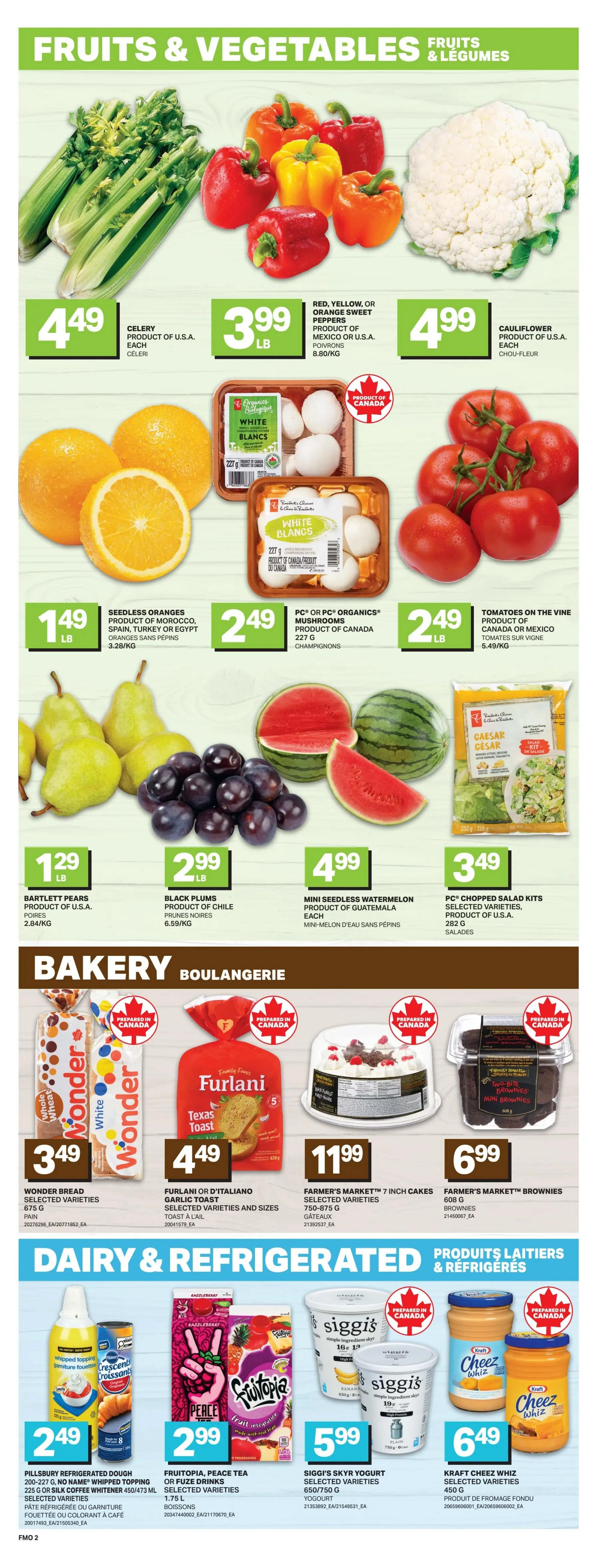 Freshmart Ontario weekly flyer specials, page 5. Featured are Fruits & Vegetables including Celery for $4.49 each, Red, Yellow, or Orange Sweet Peppers for $3.99 per lb, and Cauliflower for $4.99 each. Also available are Seedless Oranges for $1.49 per lb, PC or PC Organics Mushrooms for $2.49 per 227g package, and Tomatoes on the Vine for $2.49 per lb. Seasonal fruits include Bartlett Pears for $1.29 per lb, Black Plums for $2.99 per lb, and Mini Seedless Watermelon for $4.99 each. PC Chopped Salad Kits are $3.49 per 282g package. In the Bakery section, Wonder Bread is $3.49 for 675g, Furlani or D'Italiano Garlic Toast is $4.49, Farmer's Market 7-inch Cakes are $11.99 for 750-875g, and Farmer's Market Brownies are $6.99 for 608g. The Dairy & Refrigerated section offers Pillsbury Refrigerated Dough for $2.49, Frootopia, Peace Tea, or Fuze Drinks for $2.99 per 1.75L, and Siggi's Skyr Yogurt for $5.99 per 650-750g. Kraft Cheez Whiz is available for $6.49 per 450g.