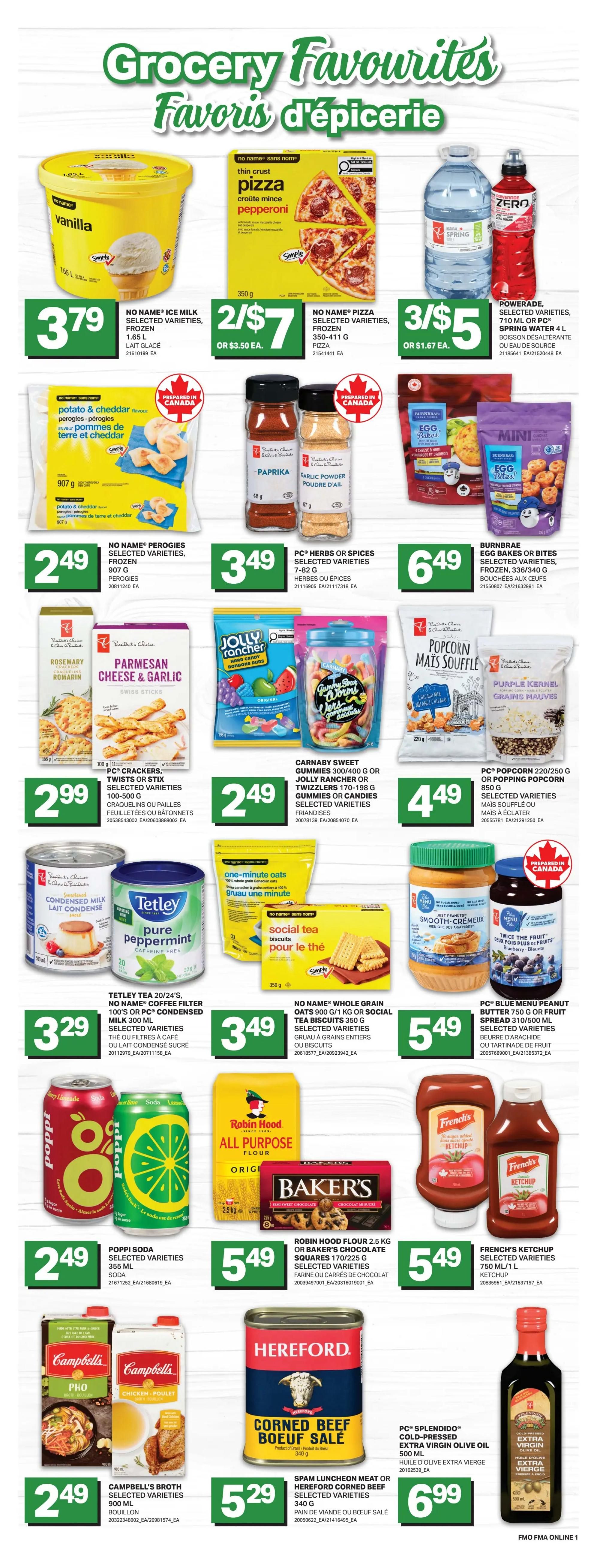 Freshmart weekly flyer specials page 7 features a variety of grocery items. Deals include No Name Ice Cream for $3.79, No Name Pepperoni Pizza for 2 for $7, and Spring Water or Powerade for 3 for $5. Also featured are No Name Perogies for $2.49, PC Herbs or Spices for $3.49, and Burnbrae Egg Bites for $6.49. Other offers include PC Crackers for $2.99, Carnaby Sweet Gummies or Jolly Rancher for $2.49, and PC Popcorn for $4.49. Tetley Tea or No Name Coffee Filters are $3.29, while No Name Oats or Social Tea Biscuits are $3.49. PC Blue Menu Peanut Butter is $5.49. Poppi Soda is $2.49, Robin Hood Flour or Baker's Chocolate Squares are $5.49, and French's Ketchup is $5.49. Campbell's Broth is $2.49, Hereford Corned Beef is $5.29, and PC Splendido Extra Virgin Olive Oil is $6.99.