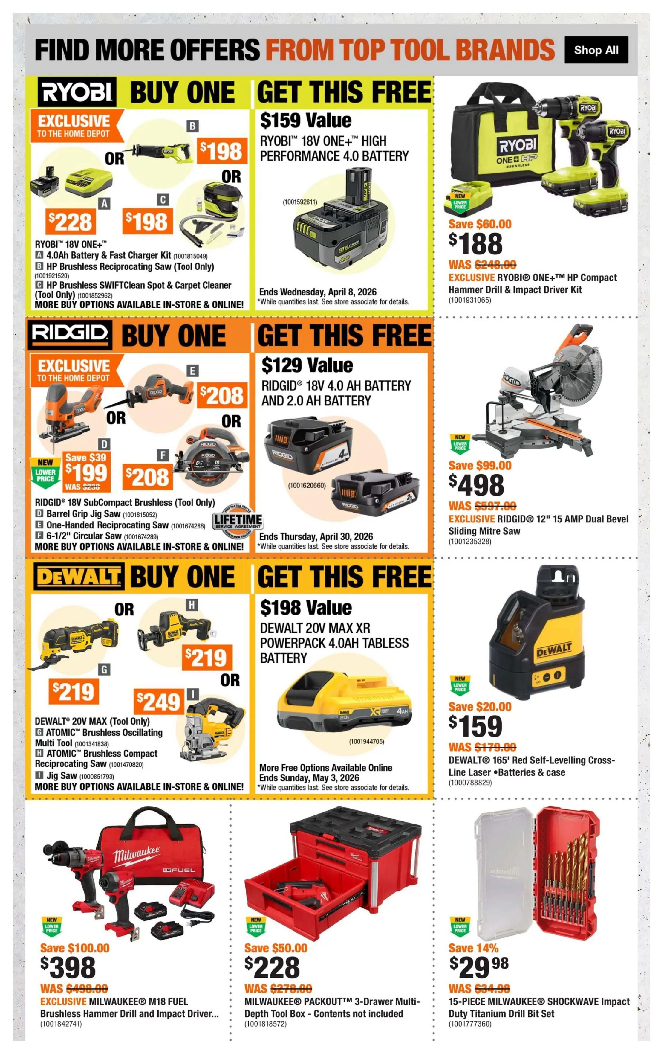 Home Depot flyer page 3 features 'Find More Offers From Top Tool Brands'. Ryobi Buy One Get This Free offers include a Ryobi 18V ONE+ High Performance 4.0 Ah Battery for $159 Value, or an exclusive Ryobi ONE+ HP Compact Hammer Drill & Impact Driver Kit for $188, saving $60. Ridgid Buy One Get This Free offers include a Ridgid 18V 4.0 Ah Battery and 2.0 Ah Battery for $129 Value, or an exclusive Ridgid 18V SubCompact Brushless Tool Only for $208, with options like a Barrel Grip Jig Saw, a One-Handed Reciprocating Saw, and a 6-1/2' Circular Saw. Also featured is an exclusive Ridgid 12' 15 Amp Dual Bevel Sliding Mitre Saw for $498, saving $99.00. DeWalt Buy One Get This Free offers include a DeWalt 20V Max XR Powerpack 4.0Ah Tabless Battery for $198 Value, or a DeWalt 20V Max Tool Only for $219, with options like a ATOMIC Brushless Oscillating Multi Tool and an ATOMIC Brushless Compact Reciprocating Saw. A Jig Saw is also available for $249. DeWalt 165' Red Self-Levelling Cross-Line Laser Batteries & case is on sale for $159, saving $20.00. Milwaukee M18 Fuel Brushless Hammer Drill and Impact Driver Kit is on sale for $398, saving $100.00. Milwaukee Packout 3-Drawer Multi-Depth Tool Box is on sale for $228, saving $50.00. A 15-Piece Milwaukee Shockwave Impact Duty Titanium Drill Bit Set is on sale for $29.98, saving 14%.