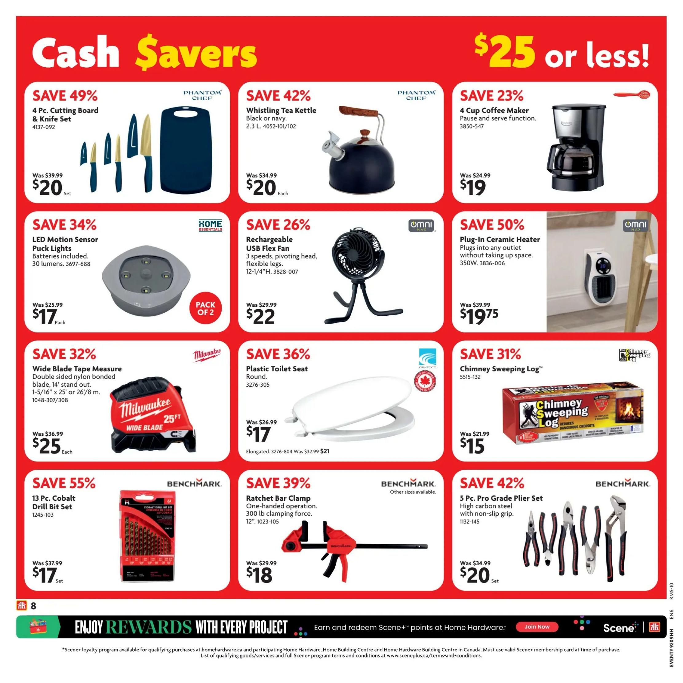 Home Hardware flyer page 9 features 'Cash Savers' with deals up to $25 or less. Save 49% on a 4 Pc. Cutting Board & Knife Set for $20. Save 42% on a Phantom Chef Whistling Tea Kettle, 2.3 L, in black or navy for $20. Save 23% on a 4 Cup Coffee Maker with pause and serve function for $19. Save 34% on Home Essentials LED Motion Sensor Puck Lights, batteries included, 30 lumens, pack of 2 for $17. Save 26% on an Omni Rechargeable USB Flex Fan with 3 speeds and pivoting head for $22. Save 50% on an Omni Plug-In Ceramic Heater, 350W, for $19.75. Save 32% on a Milwaukee Wide Blade Tape Measure, double-sided nylon bonded blade, 14' stand out, 1-5/16' x 25' or 26/8 m, for $25. Save 31% on a Chimney Sweeping Log for $15. Save 55% on a Benchmark 13 Pc. Cobalt Drill Bit Set for $17. Save 39% on a Benchmark Ratchet Bar Clamp, one-handed operation, 300 lb clamping force, 12' for $18. Save 42% on a Benchmark 5 Pc. Pro Grade Plier Set, high carbon steel with non-slip grip, for $20. The bottom of the page promotes 'Enjoy Rewards with Every Project' and earning Scene+ points at Home Hardware.