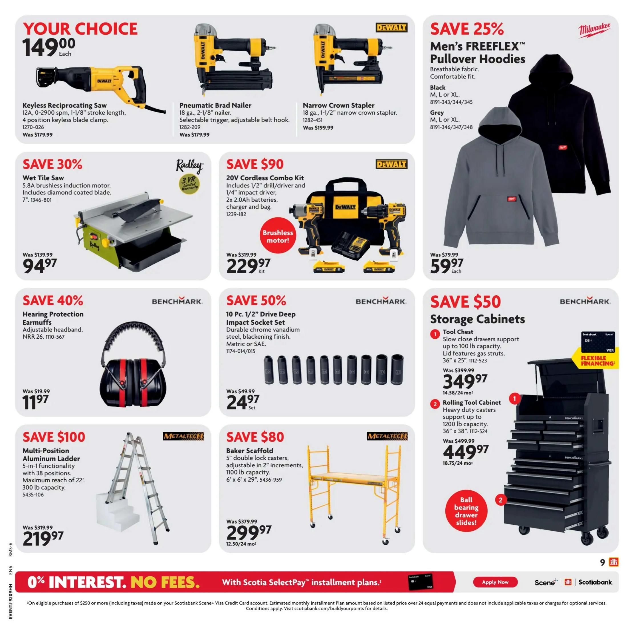 Home Hardware flyer page 10 featuring various tools and equipment. Your Choice items include a DeWalt Keyless Reciprocating Saw for $149.00 (was $179.99), a Pneumatic Brad Nailer for $149.00 (was $179.99), and a Narrow Crown Stapler for $149.00 (was $199.99). Save 30% on a Wet Tile Saw for $94.97 (was $139.99). Save $90 on a DeWalt 20V Cordless Combo Kit with brushless motor, including a 1/2' drill/driver and 1/4' impact driver, 2x 2.0Ah batteries, charger and bag, for $229.97 (was $319.99). Save 25% on Milwaukee Men's FREEFLEX™ Pullover Hoodies in Black or Grey, available in M, L, or XL, for $59.97 each (was $79.99). Save 40% on Benchmark Hearing Protection Earmuffs with adjustable headband for $11.97 (was $19.99). Save 50% on a 10 Pc. 1/2' Drive Deep Impact Socket Set made of durable chrome vanadium steel, in Metric or SAE, for $24.97 set (was $49.99). Save $50 on Benchmark Storage Cabinets, including a Tool Chest with slow close drawers supporting up to 100 lb capacity for $349.97 (was $399.99), and a Rolling Tool Cabinet with heavy duty casters supporting up to 1200 lb capacity for $449.97 (was $499.99). Save $100 on a Metaltech Multi-Position Aluminum Ladder with 5-in-1 functionality and 38 positions, maximum reach of 22', and 300 lb capacity, for $219.97 (was $319.99). Also featured is a Metaltech Baker Scaffold with 5' double lock casters, adjustable in 2' increments, 1100 lb capacity, measuring 6' x 6' x 29', for $299.97 (was $379.99). The bottom of the page highlights 0% Interest, No Fees with Scotiabank SelectPay™ installment plans.