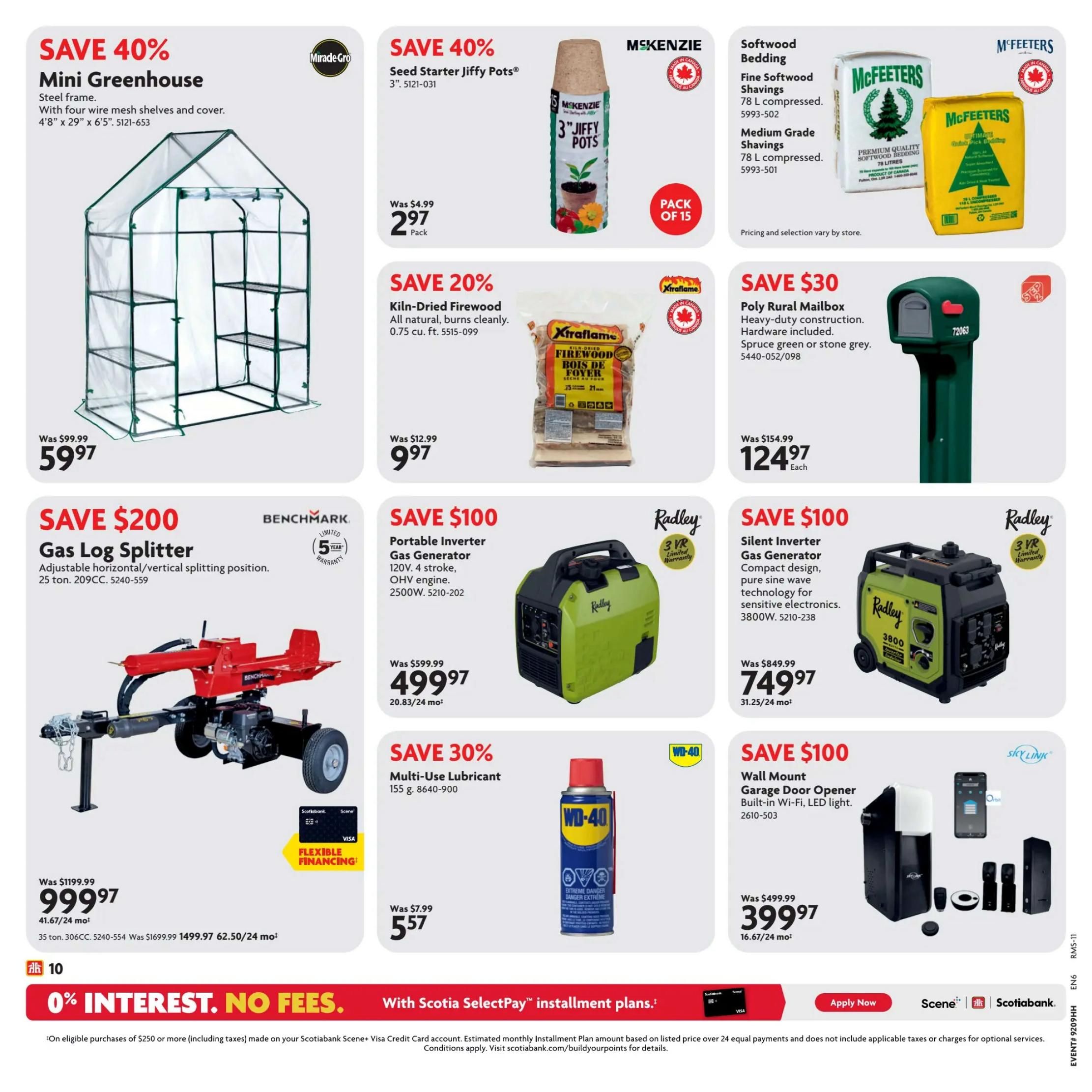 Home Hardware flyer page 11 features a 40% discount on a Mini Greenhouse, steel frame with four wire mesh shelves and cover, measuring 4'8' x 29' x 6'5', now $59.97. Also on sale is a 25 ton Gas Log Splitter with adjustable horizontal/vertical splitting position, 209CC, for $999.97, down from $1199.99. Save 40% on McKenzie Seed Starter Jiffy Pots, 3' size, pack of 15, for $2.97. Save 20% on Kiln-Dried Firewood, 0.75 cu. ft., for $9.97. Save $100 on a Portable Inverter Gas Generator, 120V, 4 stroke, OHV engine, 2500W, for $499.97. Save $100 on a Silent Inverter Gas Generator, 3800W, for $749.97. Save 30% on WD-40 Multi-Use Lubricant, 155 g, for $5.57. Save $100 on a Wall Mount Garage Door Opener with built-in Wi-Fi and LED light, for $399.97. The page also highlights 0% interest, no fees with Scotiabank SelectPay installment plans on eligible purchases of $250 or more.
