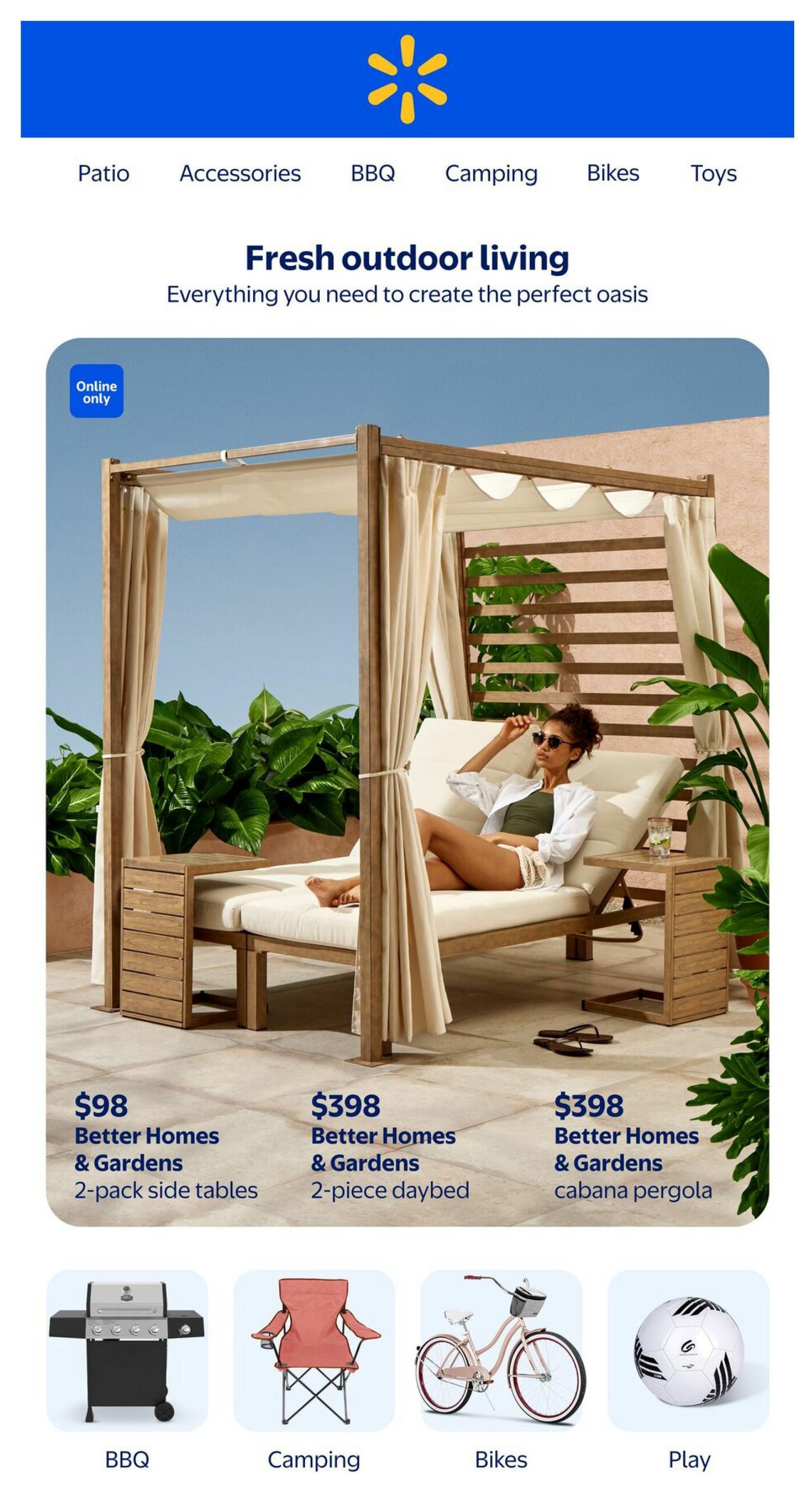Walmart Canada flyer featuring fresh outdoor living products. The page highlights a cabana pergola with a daybed and side tables. Featured items include Better Homes & Gardens 2-pack side tables for $98, Better Homes & Gardens 2-piece daybed for $398, and Better Homes & Gardens cabana pergola for $398. Also shown are categories for BBQ, camping chairs, bikes, and play items like a soccer ball.