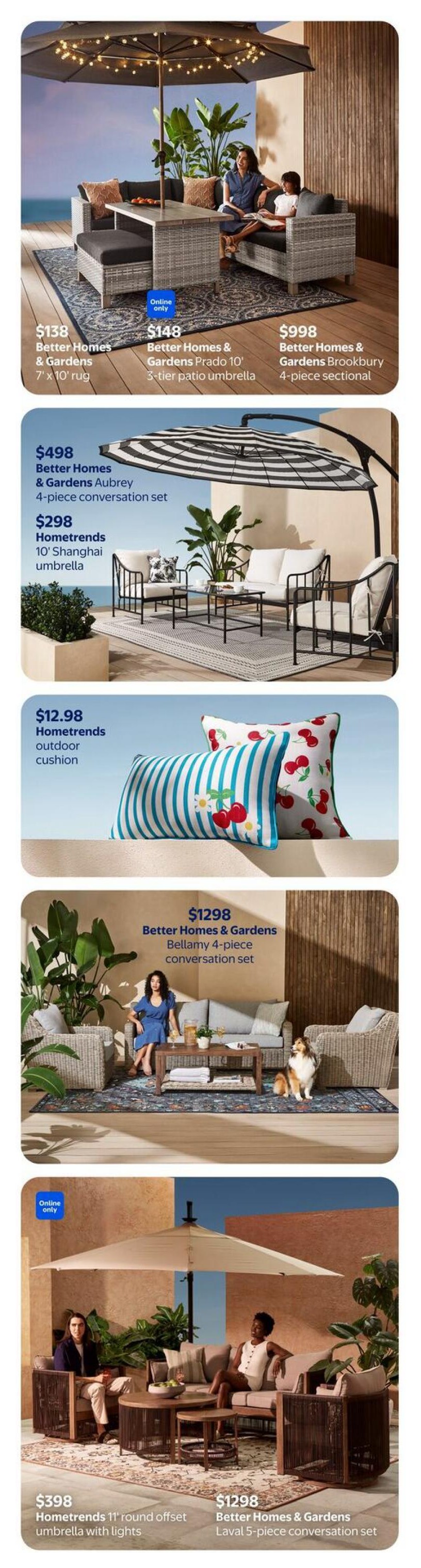 Walmart Canada Outdoor Living flyer, page 7. Features a Better Homes & Gardens 7' x 10' rug for $138. Also available is the Better Homes & Gardens Prado 10' 3-tier patio umbrella for $148 (online only). A Better Homes & Gardens Brookbury 4-piece sectional is priced at $998. The Better Homes & Gardens Aubrey 4-piece conversation set is $498, and the Hometrends 10' Shanghai umbrella is $298. Decorative Hometrends outdoor cushions are $12.98. The Better Homes & Gardens Bellamy 4-piece conversation set is $1298. Finally, the Hometrends 11' round offset umbrella with lights is $398, and the Better Homes & Gardens Laval 5-piece conversation set is $1298.