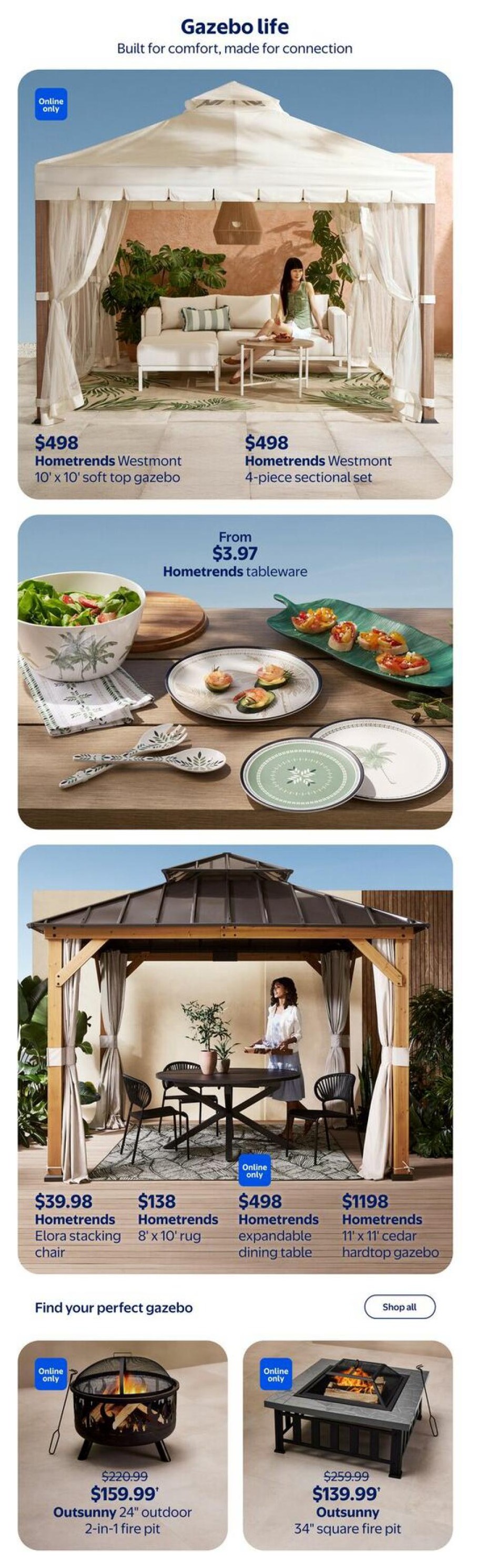 Walmart Canada flyer page 8 featuring gazebo life. Products include the Hometrends Westmont 10' x 10' soft top gazebo for $498 and the Hometrends Westmont 4-piece sectional set for $498. Also featured is Hometrends tableware starting from $3.97. Below, find the Hometrends Elora stacking chair for $39.98, a Hometrends 8' x 10' rug for $138, the Hometrends expandable dining table for $498, and the Hometrends 11' x 11' cedar hardtop gazebo for $1198. The page also showcases fire pits: the Outsunny 24' outdoor 2-in-1 fire pit is on sale for $159.99 (originally $220.99), and the Outsunny 34' square fire pit is $139.99 (originally $259.99). All fire pits are online only.