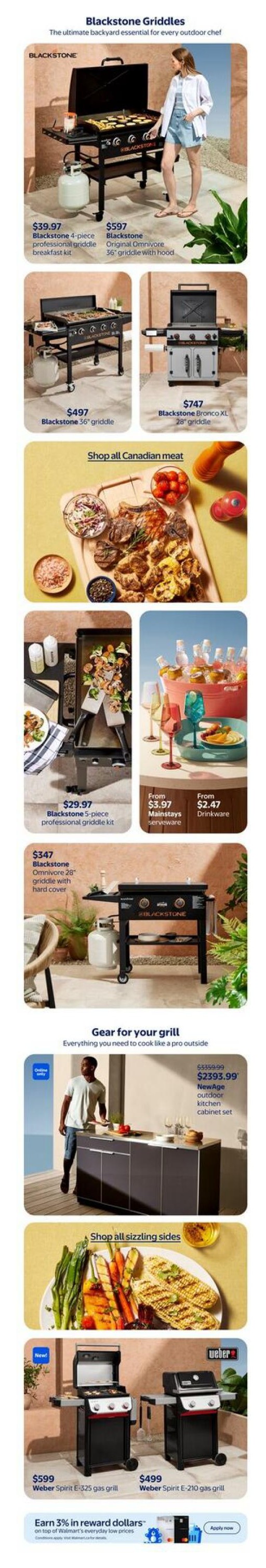 Walmart Canada Outdoor Living flyer page 10 featuring Blackstone Griddles. Products include the Blackstone 4-piece professional griddle breakfast kit for $39.97, Blackstone Original Omnivore 36' griddle with hood for $597, Blackstone 36' griddle for $497, and Blackstone Bronco XL 28' griddle for $747. Also available is the Blackstone 5-piece professional griddle kit for $29.97 and the Blackstone Omnivore 28' griddle with hard cover for $347. The page also showcases Mainstays serveware starting from $3.97 and drinkware from $2.47. Additionally, it features the NewAge outdoor kitchen cabinet set for $2393.99 (originally $3359.99) and Weber Spirit E-325 gas grill for $599 and Weber Spirit E-210 gas grill for $499. The page also includes a section to 'Shop all Canadian meat' and 'Shop sizzling sides' and an offer to 'Earn 3% in reward dollars' on top of Walmart's everyday low prices.
