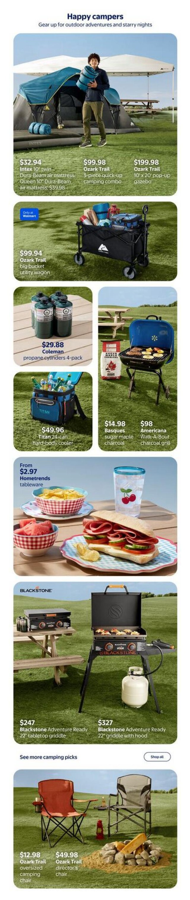 Walmart Canada flyer page featuring camping gear. Includes Intex 10' twin Dura-Beam air mattress for $32.94 and Queen 10' Dura-Beam air mattress for $39.98. Also features Ozark Trail 3-piece quick-up camping combo for $99.98 and Ozark Trail 10' x 20' pop-up gazebo for $199.98. A large Ozark Trail big bucket utility wagon is available for $99.94. Coleman propane cylinders 4-pack for $29.88. Titan 24-can hard-body cooler for $49.96. Basques sugar maple charcoal for $14.98 and Americana Walk-A-Bout charcoal grill for $98. Hometrends tableware starts at $2.97. Blackstone Adventure Ready 22' tabletop griddle for $247 and Blackstone Adventure Ready 22' griddle with hood for $327. Also shown are an Ozark Trail oversized camping chair for $12.98 and an Ozark Trail director's chair for $49.98.