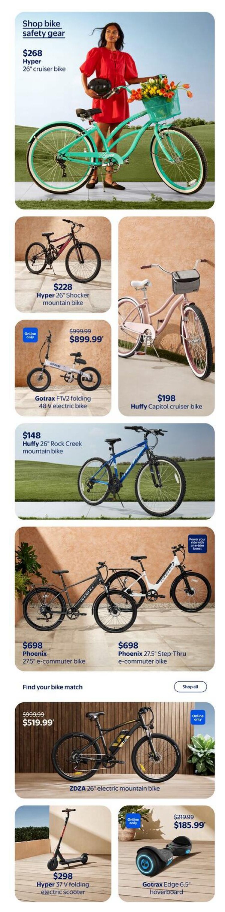Walmart Canada flyer page featuring a selection of bikes and scooters. Top section shows a woman with a teal Hyper 26' cruiser bike for $268 and a link to shop bike safety gear. Below are a Hyper 26' Shocker mountain bike for $228, a pink Huffy Capitol cruiser bike for $198, and a Gotrax F1V2 folding 48V electric bike on sale online only from $999.99 to $899.99. Further down, find a Huffy 26' Rock Creek mountain bike for $148, a Phoenix 27.5' e-commuter bike for $698, and a Phoenix 27.5' Step-Thru e-commuter bike for $698. The page also highlights a ZDZA 26' electric mountain bike, originally $999.99, now $519.99. Other items include a Hyper 37V folding electric scooter for $298 and a Gotrax Edge 6.5' hoverboard on sale online only from $219.99 to $185.99. A 'Shop all' button is available for bike matches.