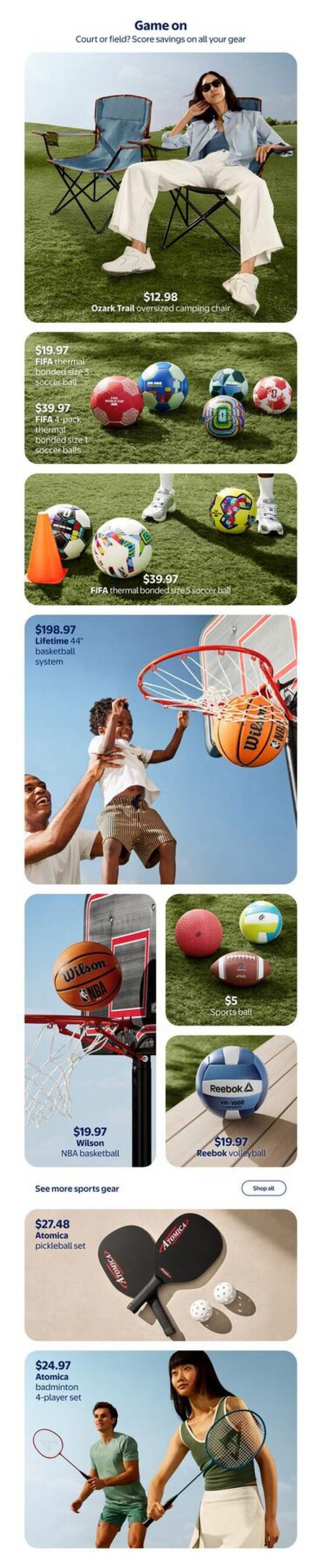 Walmart Canada flyer page featuring sports gear with the headline 'Game on'. Products include the Ozark Trail oversized camping chair for $12.98. Soccer balls are featured with a FIFA thermal bonded size 3 soccer ball for $19.97 and a FIFA 4-pack thermal bonded size 5 soccer balls for $39.97. A Lifetime 44' basketball system is priced at $198.97. Also available is a Wilson NBA basketball for $19.97, a Reebok volleyball for $19.97, and a general sports ball for $5. For racket sports, there's an Atomica pickleball set for $27.48 and an Atomica badminton 4-player set for $24.97. A 'Shop all' button is visible for more sports gear.
