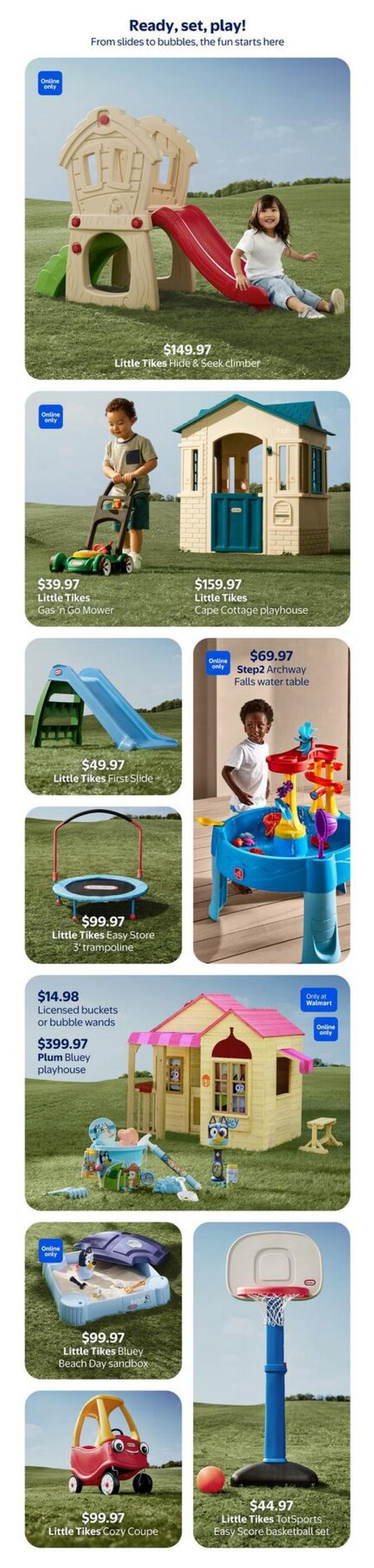 Walmart Canada flyer page featuring outdoor play items. Includes the Little Tikes Hide & Seek climber for $149.97, the Little Tikes Gas 'n Go Mower for $39.97, and the Little Tikes First Slide for $49.97. Also featured is the Little Tikes Cape Cottage playhouse for $159.97, the Little Tikes Easy Store 3' trampoline for $99.97, and licensed buckets or bubble wands for $14.98. The Plum Bluey playhouse is available for $399.97, and the Little Tikes Bluey Beach Day sandbox is $99.97. Additionally, the Step2 Archway Falls water table is $69.97 (online only), and the Little Tikes Cozy Coupe is $99.97. Finally, the Little Tikes TotSports Easy Score basketball set is $44.97.