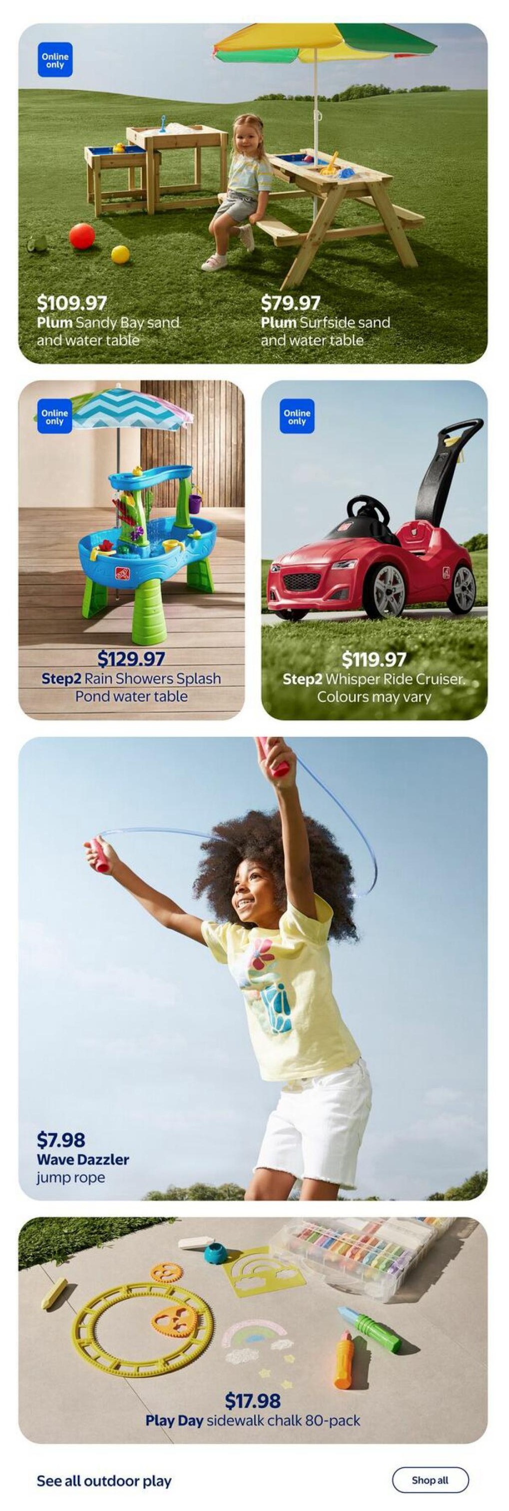 Walmart Canada Outdoor Living flyer page featuring various children's outdoor toys. Top section shows a Plum Sandy Bay sand and water table for $109.97 and a Plum Surfside sand and water table for $79.97. The middle section displays a Step2 Rain Showers Splash Pond water table, available online only, for $129.97, and a red Step2 Whisper Ride Cruiser, available online only, for $119.97 (colours may vary). Below that, a child is shown jumping rope with a Wave Dazzler jump rope priced at $7.98. The bottom section features Play Day sidewalk chalk in an 80-pack for $17.98, along with stencils and chalk drawings. Options to 'See all outdoor play' and 'Shop all' are also visible.