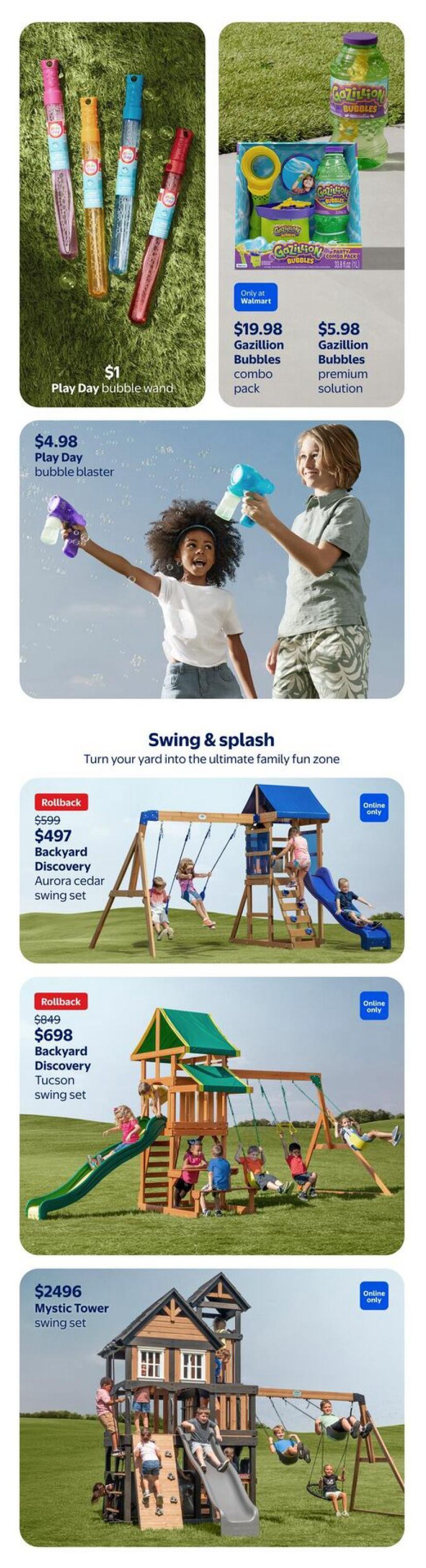 Walmart Canada Outdoor Living flyer page 18 features bubble toys and swing sets. Items include a Play Day bubble wand for $1, Gazillion Bubbles combo pack for $19.98, and Gazillion Bubbles premium solution for $5.98. Also shown are the Play Day bubble blaster for $4.98. For larger outdoor fun, the Backyard Discovery Aurora cedar swing set is on rollback from $599 to $497, the Backyard Discovery Tucson swing set is on rollback from $849 to $698, and the Mystic Tower swing set is available for $2496, noted as online only.
