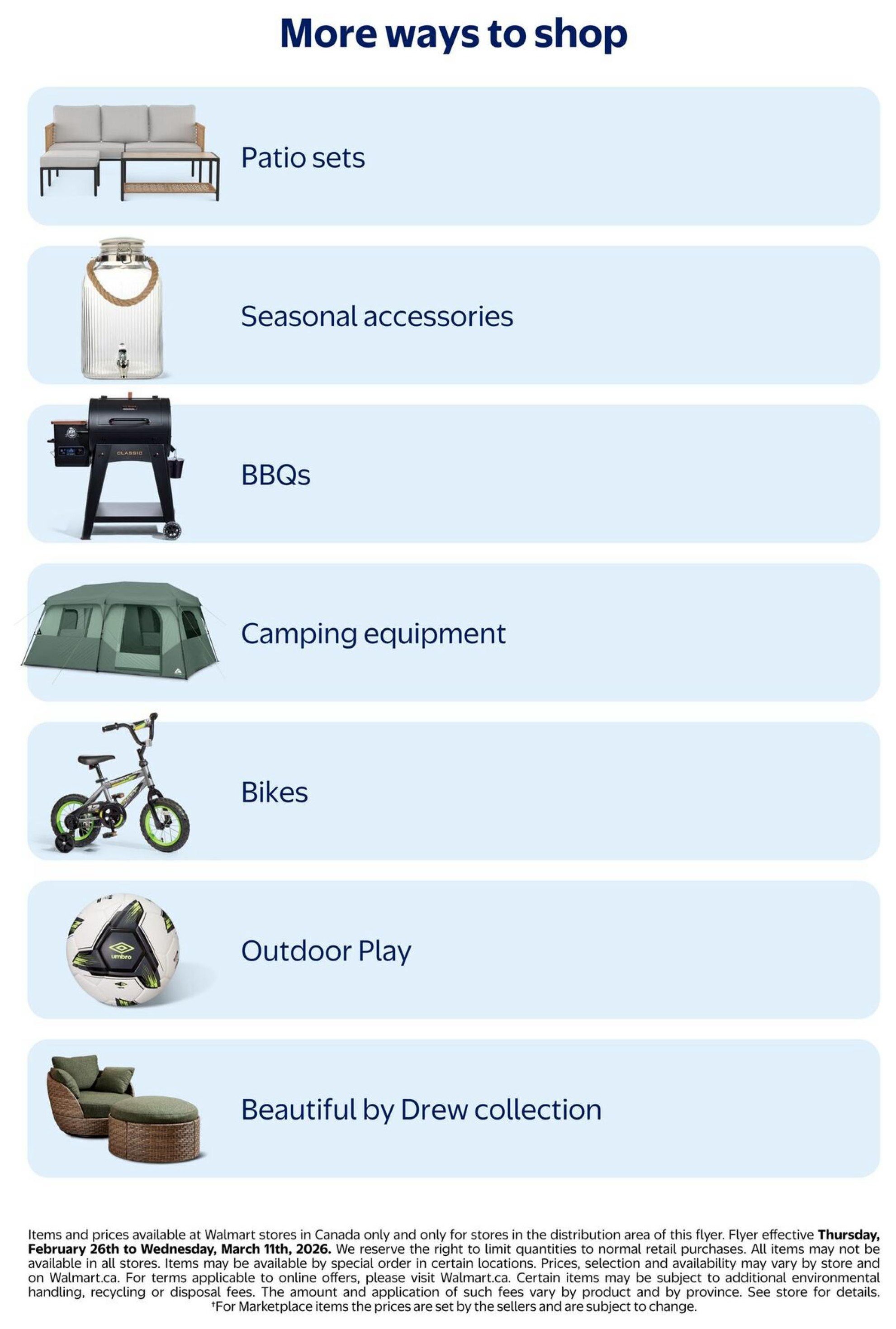 Walmart Canada flyer page 20, 'More ways to shop' section featuring various outdoor and seasonal items. Includes images and categories for Patio sets, Seasonal accessories like a glass beverage dispenser, BBQs, Camping equipment such as a large tent, Bikes, Outdoor Play items including a soccer ball, and the 'Beautiful by Drew' collection with patio furniture. The flyer is effective from Thursday, February 26th to Wednesday, March 11th, 2026.