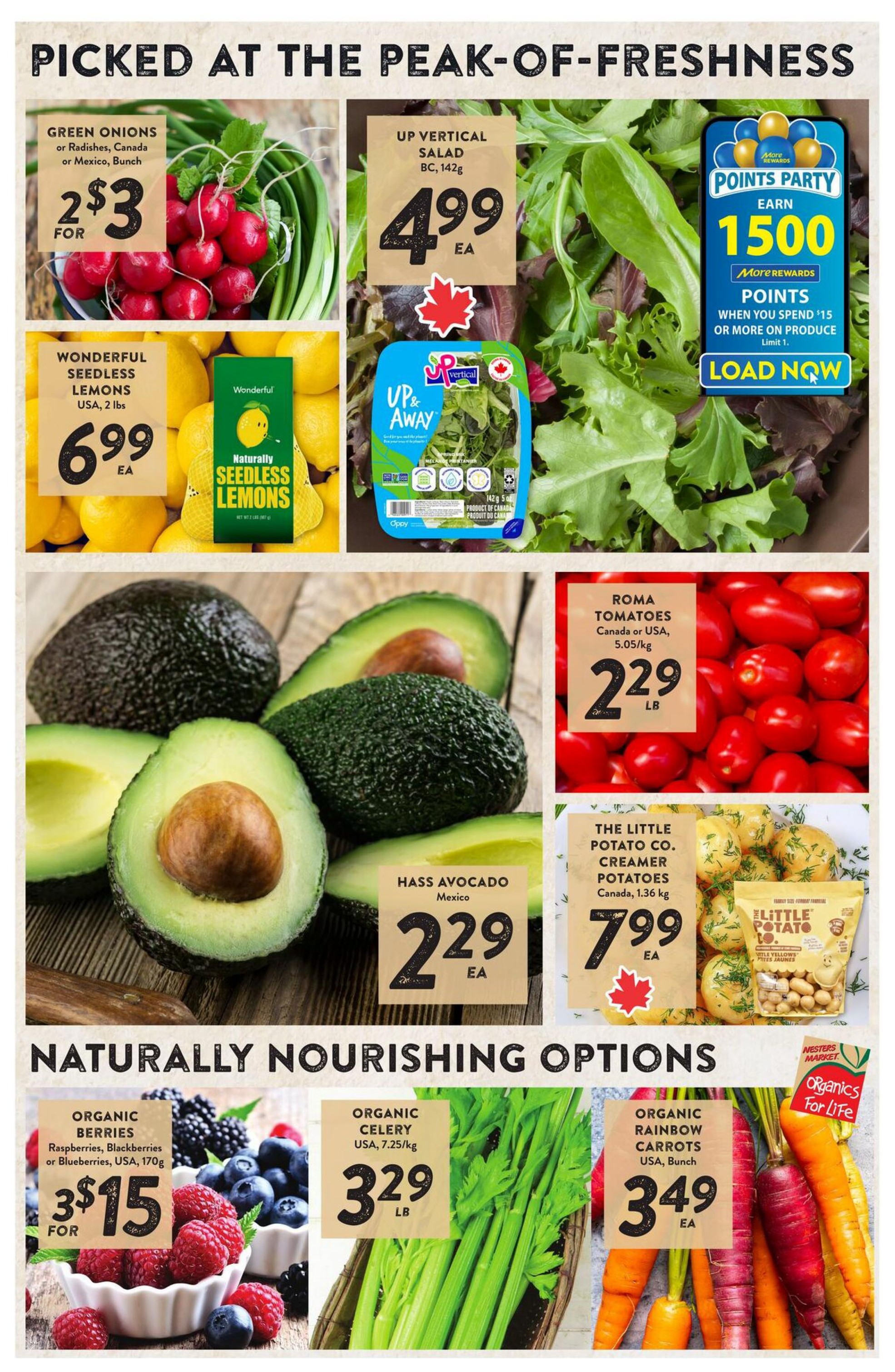 Nesters Market weekly flyer specials page 2 features fresh produce. Get Green Onions or Radishes from Canada or Mexico for 2 for $3. Wonderful Seedless Lemons from the USA, 2 lbs, are $6.99 each. UP Vertical Salad from BC, 142g, is $4.99 each. Hass Avocados from Mexico are $2.29 each. Roma Tomatoes from Canada or USA, 5.05/kg, are $2.29 per pound. The Little Potato Co. Creamer Potatoes from Canada, 1.36 kg, are $7.99 each. Under 'Naturally Nourishing Options', find Organic Berries (Raspberries, Blackberries or Blueberries) from the USA, 170g, for 3 for $15. Organic Celery from the USA, 7.25/kg, is $3.29 per pound. Organic Rainbow Carrots from the USA, bunch, are $3.49 each. Also, earn 1500 More Rewards points when you spend $15 or more on produce, limit 1.