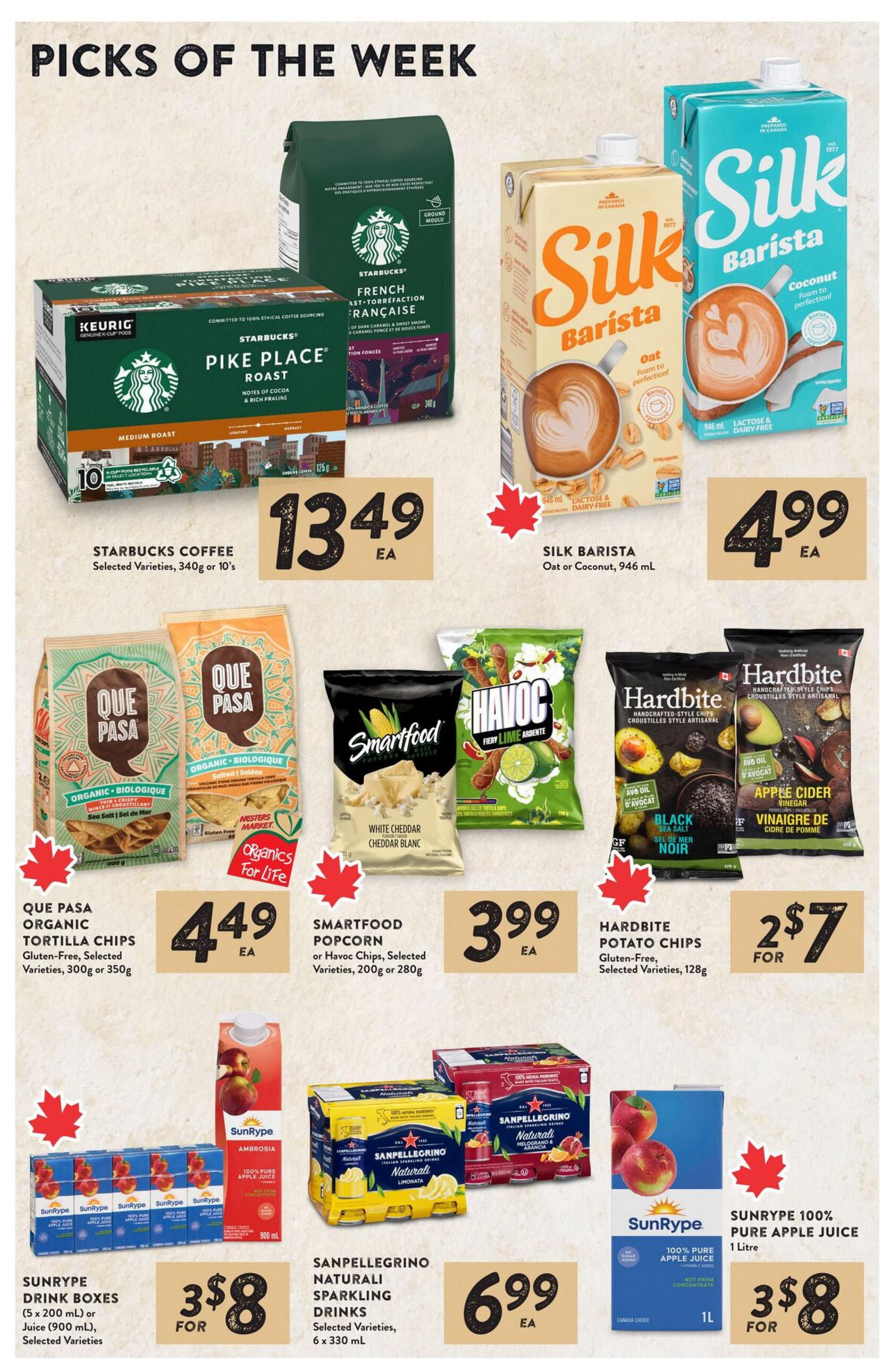 Nesters Market flyer page 9 features 'Picks of the Week' including Starbucks Coffee, selected varieties, 340g or 10's for $13.49 each. Silk Barista Oat or Coconut milk, 946 mL, is $4.99 each. Que Pasa Organic Tortilla Chips, gluten-free, selected varieties, 300g or 350g, are $4.49 each. Smartfood Popcorn or Havoc Chips, selected varieties, 200g or 280g, are $3.99 each. Hardbite Potato Chips, gluten-free, selected varieties, 128g, are 2 for $7. SunRype Drink Boxes (5 x 200 mL) or Juice (900 mL), selected varieties, are 3 for $8. Sanpellegrino Naturali Sparkling Drinks, selected varieties, 6 x 330 mL, are $6.99 each. SunRype 100% Pure Apple Juice, 1 Litre, is 3 for $8.