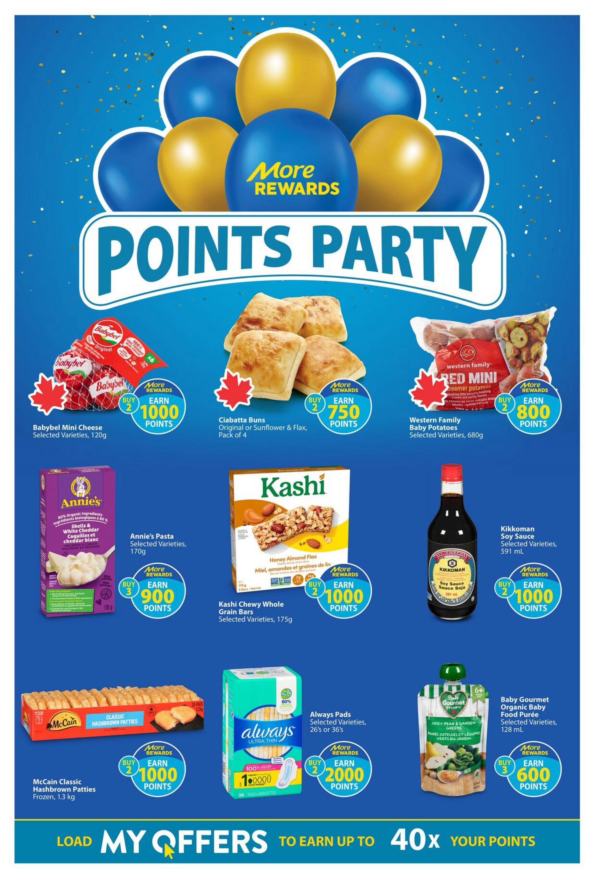 Nesters Market Points Party flyer page 11 featuring various products with bonus reward points. Offers include: Buy 2 Babybel Mini Cheese, selected varieties, 120g, earn 1000 points. Buy 2 Ciabatta Buns, Original or Sunflower & Flax, pack of 4, earn 750 points. Buy 2 Western Family Red Mini Creamer Potatoes, selected varieties, 680g, earn 800 points. Buy 3 Annie's Pasta, selected varieties, 170g, earn 900 points. Buy 2 Kashi Chewy Whole Grain Bars, selected varieties, 175g, earn 1000 points. Buy 2 Kikkoman Soy Sauce, selected varieties, 591 ml, earn 1000 points. Buy 2 McCain Classic Hashbrown Patties, frozen, 1.3 kg, earn 1000 points. Buy 2 Always Pads, selected varieties, 26's or 36's, earn 2000 points. Buy 3 Baby Gourmet Organic Baby Food Purée, selected varieties, 128 ml, earn 600 points. Load My Offers to earn up to 40x your points.