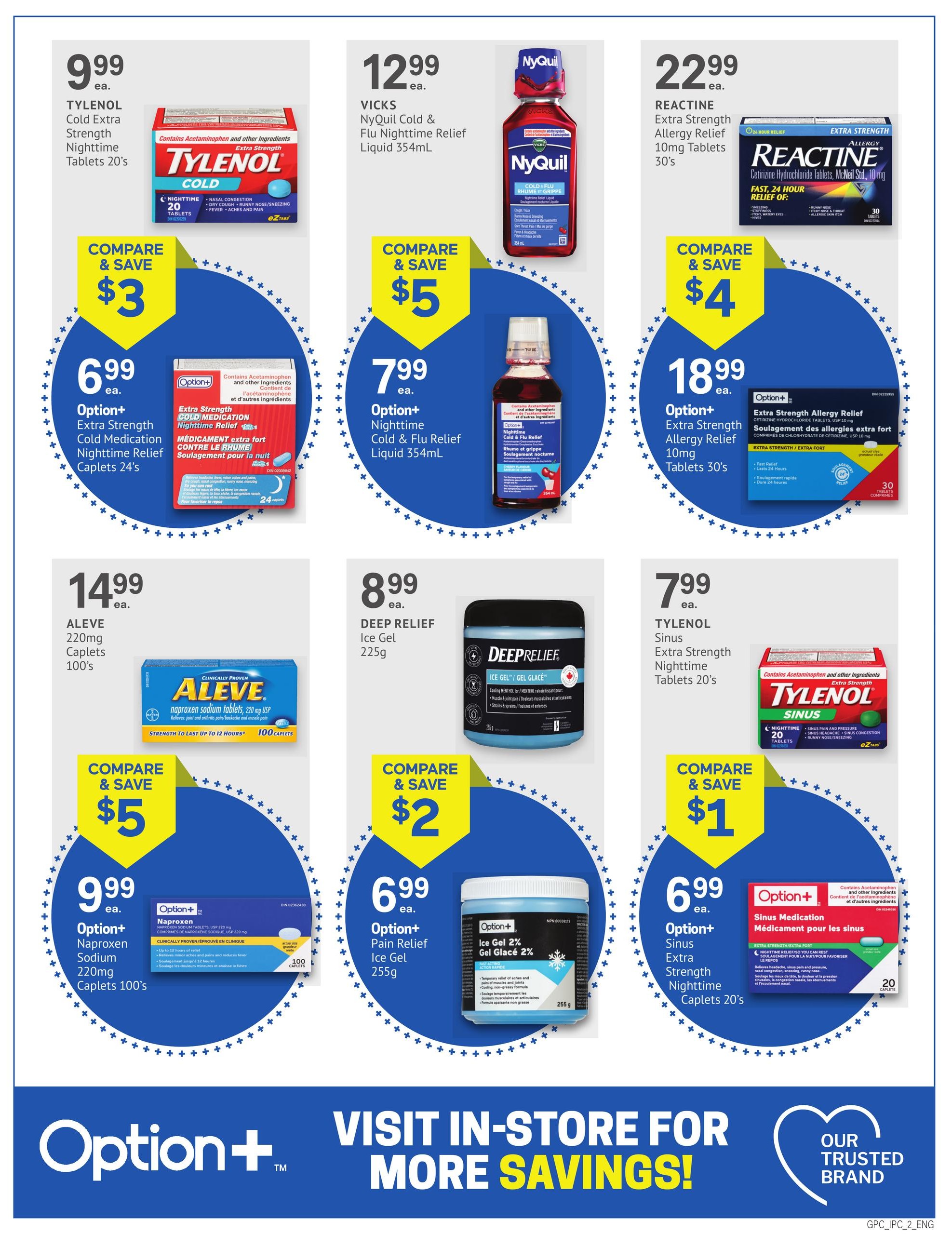 I.D.A. Pharmacy flyer page 2 features cold and allergy relief products. Top row includes Tylenol Cold Extra Strength Nighttime Tablets 20's for $9.99, Vicks NyQuil Cold & Flu Nighttime Relief Liquid 354mL for $12.99, and Reactine Extra Strength Allergy Relief 10mg Tablets 30's for $22.99. Below these, Option+ Extra Strength Cold Medication Nighttime Relief Caplets 24's are on sale for $6.99 with a $3 saving. Option+ Nighttime Cold & Flu Relief Liquid 354mL is $7.99 with a $5 saving. Option+ Extra Strength Allergy Relief 10mg Tablets 30's are $18.99 with a $4 saving. The second row features Aleve 220mg Caplets 100's for $14.99 with a $5 saving. Deep Relief Ice Gel 225g is $8.99 with a $2 saving. Tylenol Sinus Extra Strength Nighttime Tablets 20's are $7.99 with a $1 saving. The bottom row shows Option+ Naproxen Sodium 220mg Caplets 100's for $9.99, Option+ Pain Relief Ice Gel 255g for $6.99, and Option+ Sinus Extra Strength Nighttime Caplets 20's for $6.99.