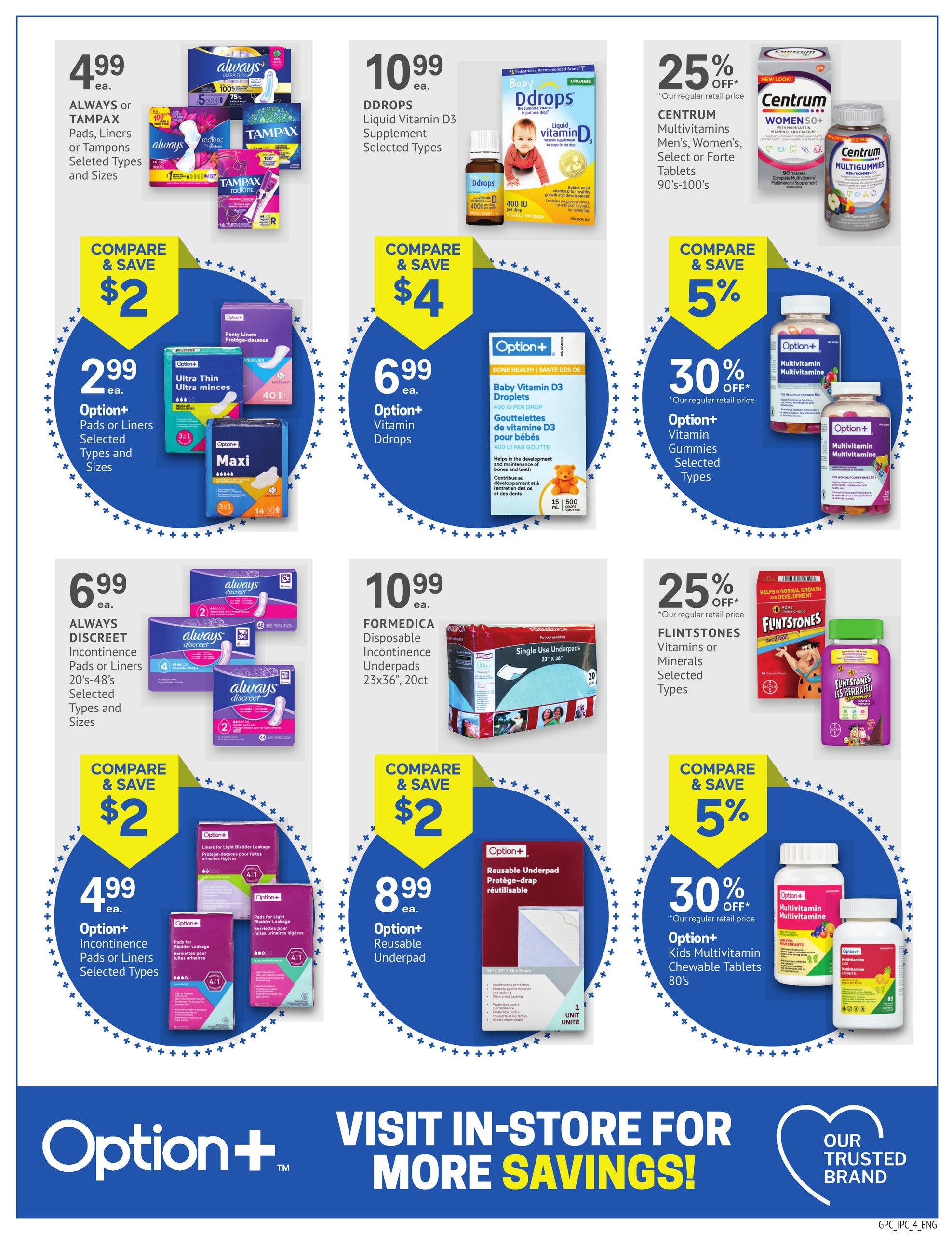 I.D.A. Pharmacy flyer page 4 features various health and wellness products. Always or Tampax Pads, Liners, or Tampons are on sale for $4.99, with a compare and save of $2. Option+ Pads or Liners are $2.99, also with a compare and save of $2. Always Discreet Incontinence Pads or Liners (20's-48's) are $6.99, with a compare and save of $2. DDROPS Liquid Vitamin D3 Supplement (selected types) is $10.99. Option+ Vitamin Ddrops are $6.99. Formedica Disposable Incontinence Underpads (23x36', 20ct) are $10.99, with a compare and save of $2. Centrum Multivitamins for Men's, Women's, Select or Forte Tablets (90's-100's) are 25% off. Option+ Vitamin Gummies (selected types) are 30% off, with a compare and save of 5%. Option+ Kids Multivitamin Chewable Tablets (80's) are also 30% off, with a compare and save of 5%. The bottom of the page highlights 'Option+ Visit In-Store For More Savings!' and 'Our Trusted Brand'.