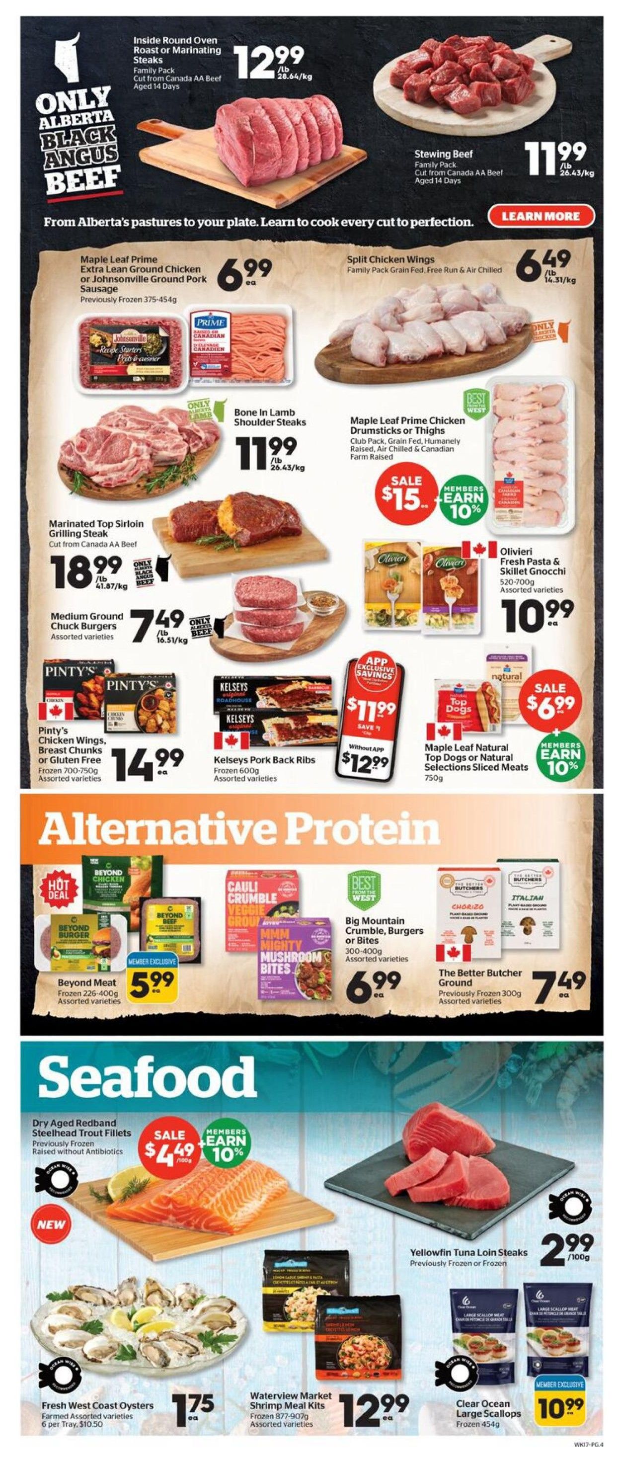 Calgary Co-op Weekly Flyer Specials Page 5 features a selection of beef, chicken, pork, and seafood. Highlights include Inside Round Oven Roast or Marinating Steaks for $12.99/lb, Stewing Beef for $11.99/lb, and Marinated Top Sirloin Grilling Steak for $18.99/lb. Also featured are Maple Leaf Prime Extra Lean Ground Chicken or Johnsonville Ground Pork Sausage for $6.99 ea, Split Chicken Wings for $6.49/lb, Bone In Lamb Shoulder Steaks for $11.99/lb, and Maple Leaf Prime Chicken Drumsticks or Thighs with a sale price of $15 and members earn 10%. Olivieri Fresh Pasta & Skillet Gnocchi are $10.99 ea. Pinty's Chicken Wings, Breast Chunks or Gluten Free for $14.99 ea and Kelseys Pork Back Ribs for $11.99 ea. Alternative protein options include Beyond Meat for $5.99 (member exclusive), Big Mountain Crumble, Burgers or Bites for $6.99 ea, and The Better Butcher Ground for $7.49 ea. Seafood specials include Dry Aged Redband Steelhead Trout Fillets for $4.49/lb (sale price, members earn 10%), Fresh West Coast Oysters for $1.75 ea, Waterview Market Shrimp Meal Kits for $12.99 ea, and Clear Ocean Large Scallops for $10.99 (member exclusive). Yellowfin Tuna Loin Steaks are $2.99/100g.