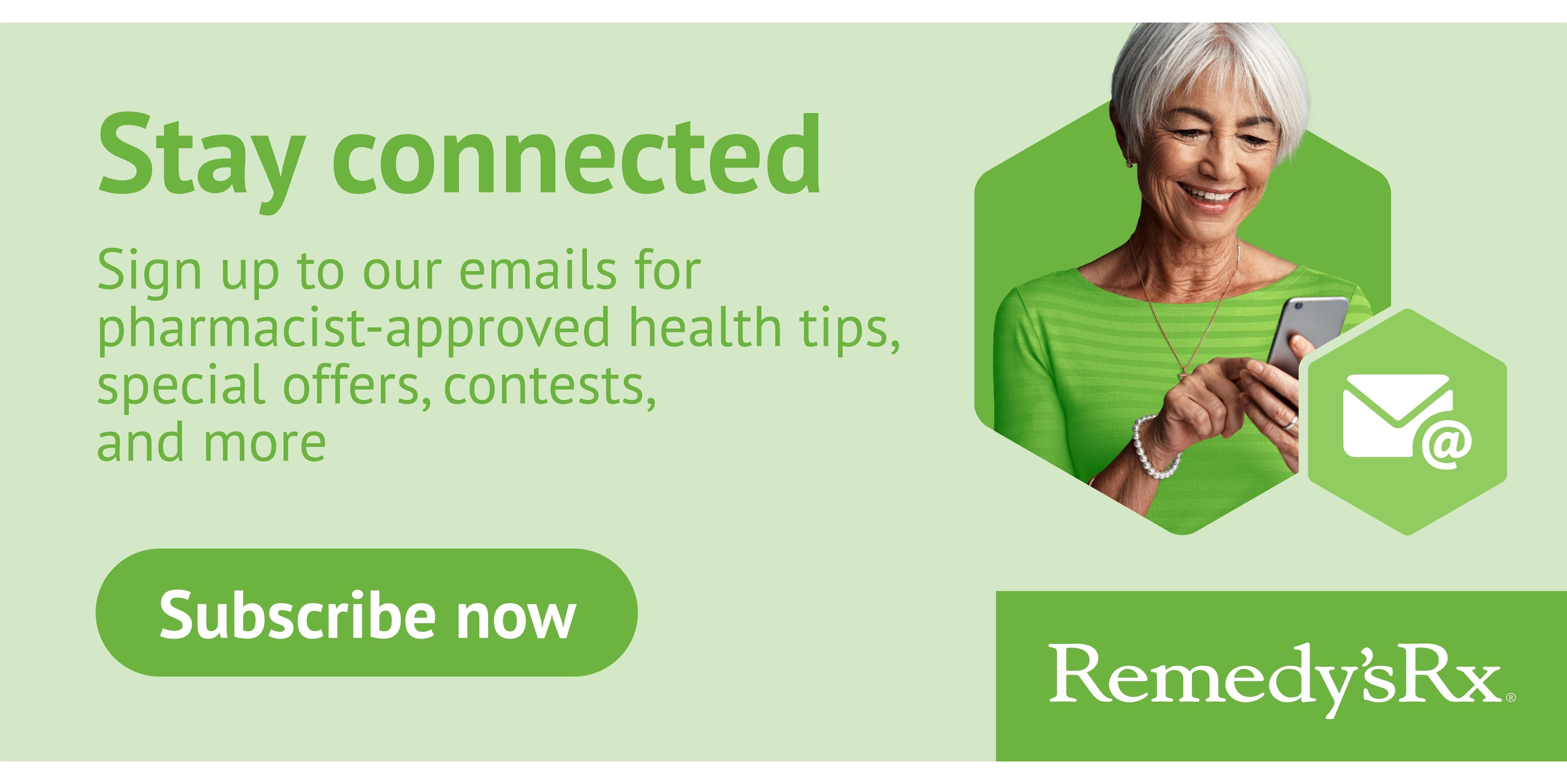 Remedy'sRx Pharmacy flyer page 5: Stay connected by signing up for emails to receive pharmacist-approved health tips, special offers, and contest information. Click the 'Subscribe now' button to join. The Remedy'sRx logo is displayed.