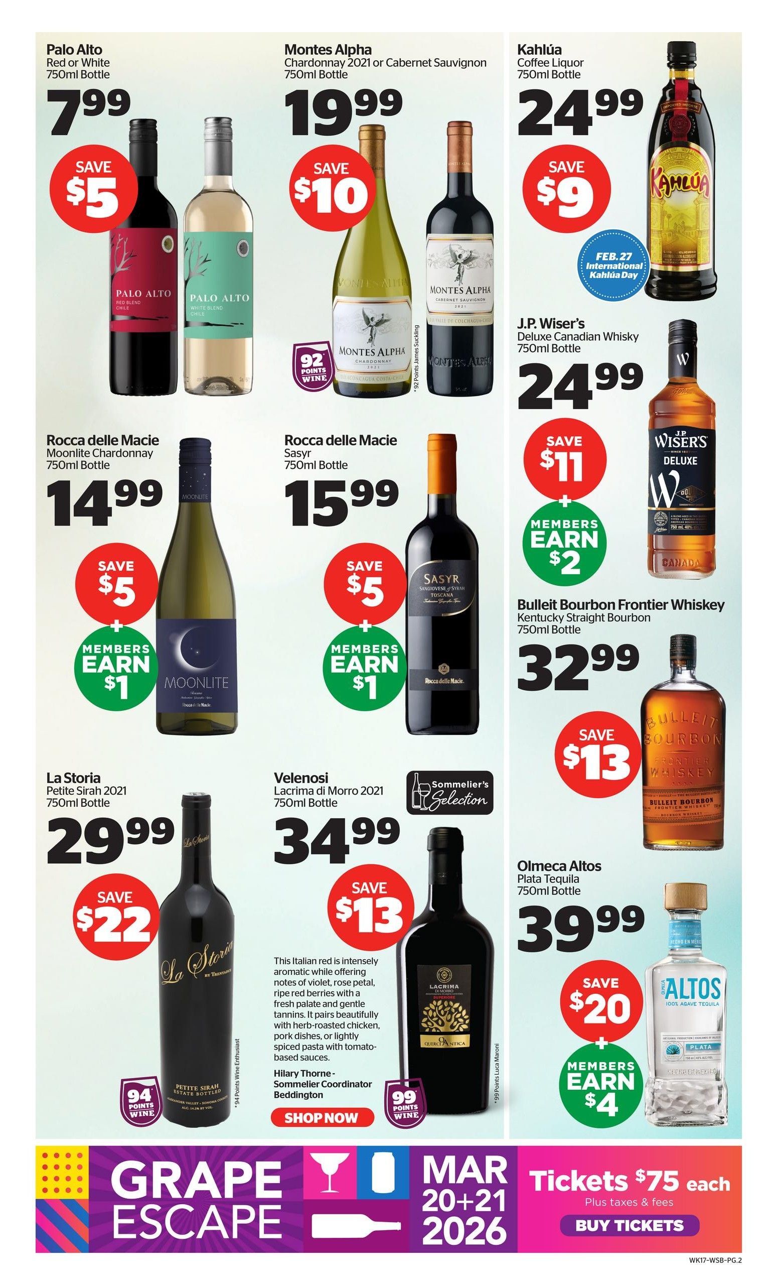 Calgary Co-op Wine Spirits Beer flyer, page 2. Featured products include Palo Alto Red or White 750ml bottle for $7.99, save $5. Montes Alpha Chardonnay 2021 or Cabernet Sauvignon 750ml bottle for $19.99, save $10. Kahlúa Coffee Liqueur 750ml bottle for $24.99, save $9. J.P. Wiser's Deluxe Canadian Whisky 750ml bottle for $24.99, save $11. Bulleit Bourbon Frontier Whiskey Kentucky Straight Bourbon 750ml bottle for $32.99, save $13. Olmeca Altos Plata Tequila 750ml bottle for $39.99, save $20. Also featured are Rocca delle Macie Moonlite Chardonnay 750ml bottle for $14.99, save $5, members earn $1. Rocca delle Macie Sasyr 750ml bottle for $15.99, save $5, members earn $1. La Storia Petite Sirah 2021 750ml bottle for $29.99, save $22. Velenosi Lacrima di Morro 2021 750ml bottle for $34.99, save $13. The Velenosi wine is described as intensely aromatic with notes of violet, rose petal, ripe red berries, a fresh palate and gentle tannins, pairing well with herb-roasted chicken, pork dishes, or lightly spiced pasta. Members can earn $2 on J.P. Wiser's and $4 on Olmeca Altos. A Grape Escape event is happening March 20-21, 2026, with tickets costing $75 each plus taxes and fees.