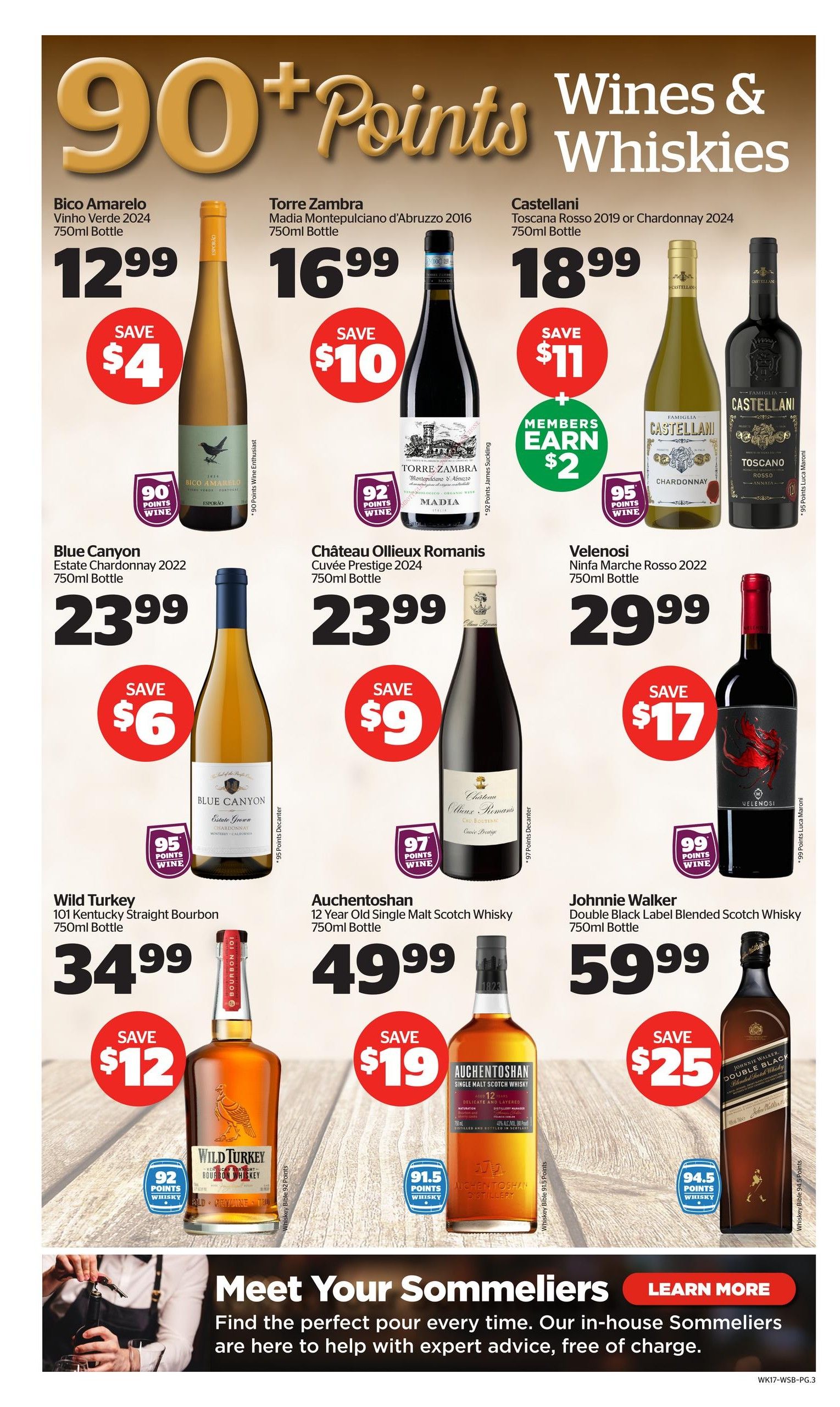 Calgary Co-op Wine Spirits Beer flyer, Page 3. Featuring '90+ Points Wines & Whiskies'. Offers include Bico Amarelo Vinho Verde 2024 for $12.99, save $4. Torre Zambra Madia Montepulciano d'Abruzzo 2016 for $16.99, save $10, members earn $2. Castellani Toscana Rosso 2019 or Chardonnay 2024 for $18.99, save $11. Blue Canyon Estate Chardonnay 2022 for $23.99, save $6. Château Ollieux Romanis Cuvée Prestige 2024 for $23.99, save $9. Velenosi Ninfa Marche Rosso 2022 for $29.99, save $17. Wild Turkey 101 Kentucky Straight Bourbon 750ml for $34.99, save $12. Auchentoshan 12 Year Old Single Malt Scotch Whisky 750ml for $49.99, save $19. Johnnie Walker Double Black Label Blended Scotch Whisky 750ml for $59.99, save $25. Also features a section on 'Meet Your Sommeliers' offering expert advice.