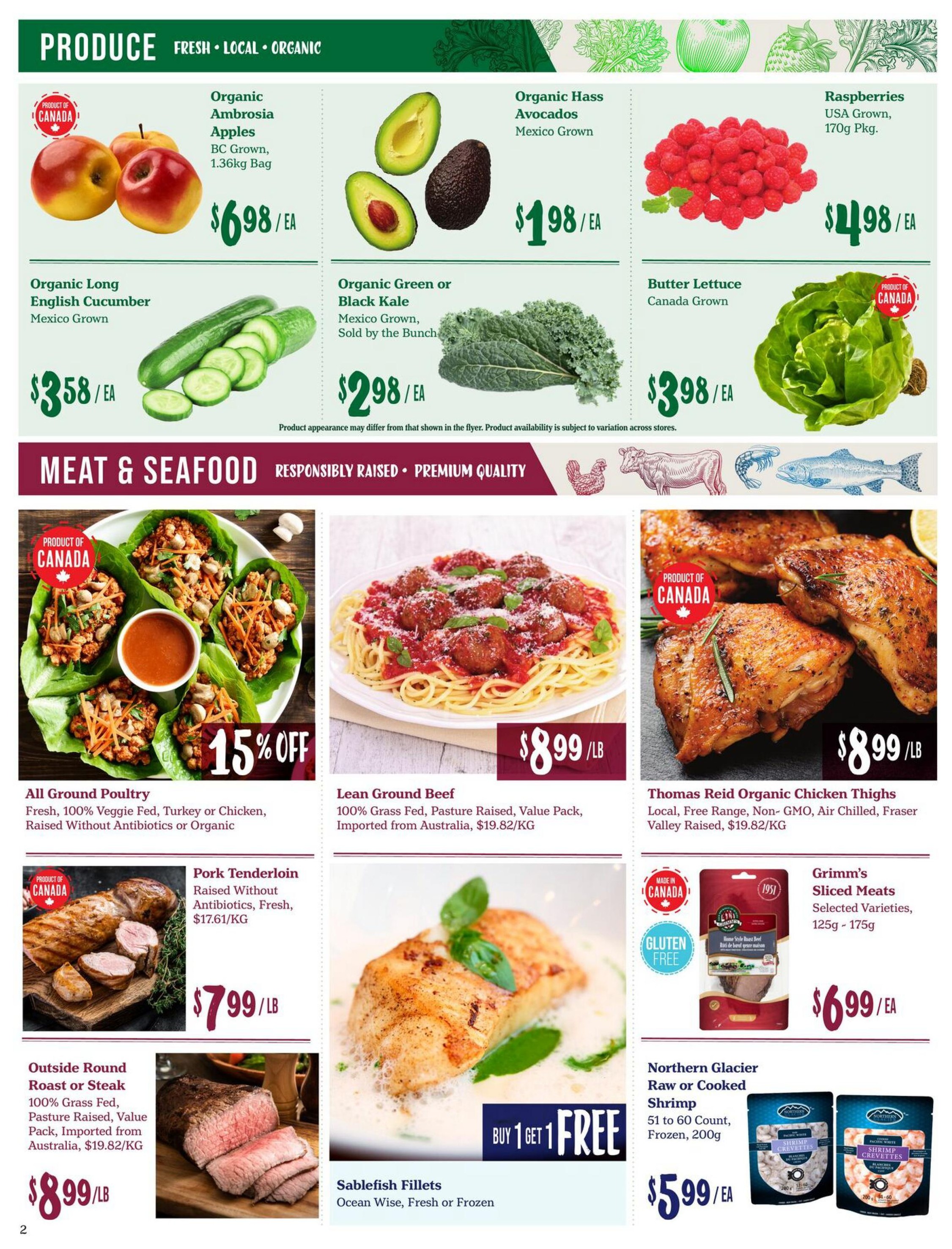 Choices Markets weekly flyer specials page 2. Produce section features Organic Ambrosia Apples BC Grown for $6.98/ea, Organic Hass Avocados Mexico Grown for $1.98/ea, Raspberries USA Grown, 170g pkg for $4.98/ea, Organic Long English Cucumber Mexico Grown for $3.58/ea, Organic Green or Black Kale Mexico Grown for $2.98/ea, and Butter Lettuce Canada Grown for $3.98/ea. The Meat & Seafood section offers 15% off All Ground Poultry (Fresh, 100% Veggie Fed, Turkey or Chicken, Raised Without Antibiotics or Organic) for an unlisted price, Lean Ground Beef (100% Grass Fed, Pasture Raised, Value Pack, Imported from Australia) for $8.99/lb, Thomas Reid Organic Chicken Thighs (Local, Free Range, Non-GMO, Air Chilled, Fraser Valley Raised) for $8.99/lb, Pork Tenderloin (Raised Without Antibiotics, Fresh) for $7.99/lb, Outside Round Roast or Steak (100% Grass Fed, Pasture Raised, Value Pack, Imported from Australia) for $8.99/lb, Sablefish Fillets (Ocean Wise, Fresh or Frozen) with a Buy 1 Get 1 Free offer, and Northern Glacier Raw or Cooked Shrimp (51 to 60 Count, Frozen, 200g) for $5.99/ea. Also featured are Grimm's Sliced Meats (Selected Varieties, 125g - 175g) for $6.99/ea.