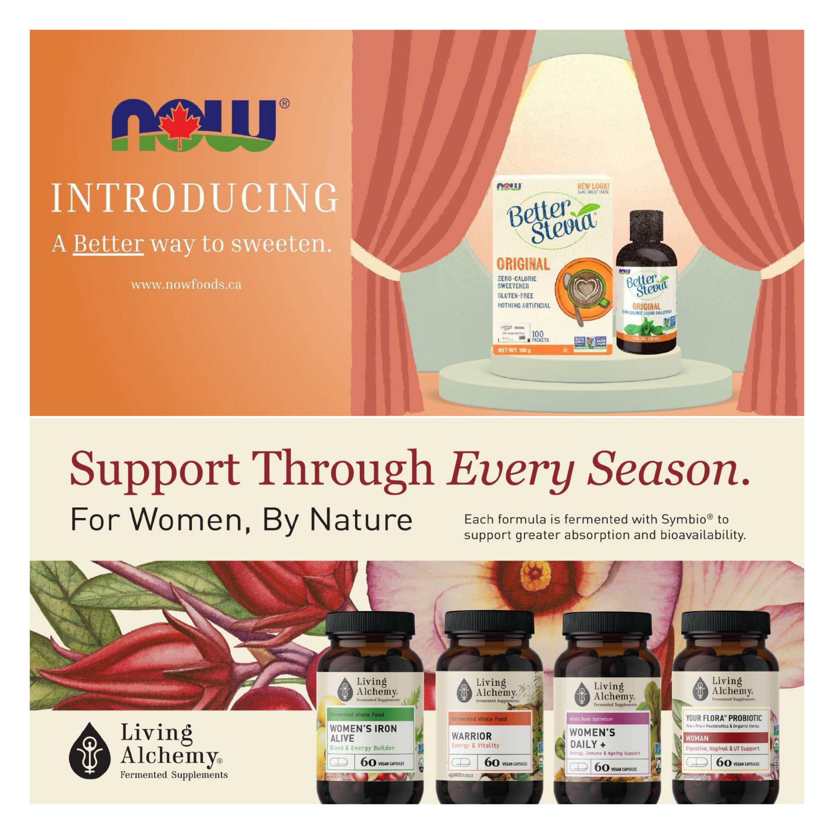 Page 2 of the Ambrosia Natural Foods flyer. Features NOW Better Stevia Original zero-calorie sweetener in liquid and packet forms, with a 'New Look! Same Great Taste' callout. The bottom section introduces Living Alchemy Fermented Supplements, highlighting 'Support Through Every Season. For Women, By Nature.' Featured products include Living Alchemy Women's Iron Alive (Blood & Energy Builder, 60 vegan capsules), Warrior (Energy & Vitality, 60 vegan capsules), Women's Daily + (Whole Body Optimizer, Energy, Immune & Ageing Support, 60 vegan capsules), and Your Flora Probiotic Woman (Digestive, Vaginal & UT Support, 60 vegan capsules). Each formula is noted as being fermented with Symbio to support greater absorption and bioavailability.