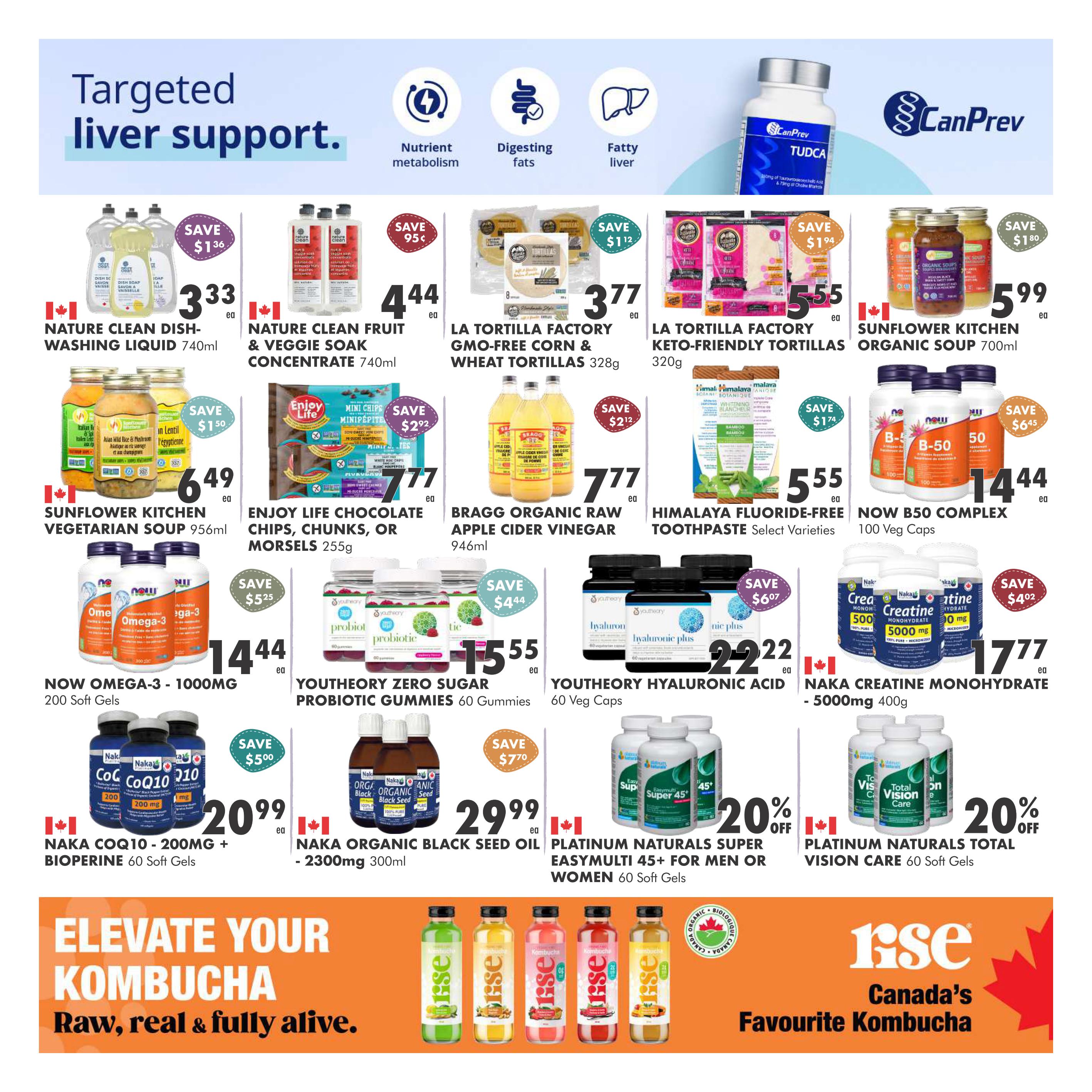 Ambrosia Natural Foods flyer specials page 3. Top banner highlights targeted liver support with icons for nutrient metabolism, digesting fats, and fatty liver. Featured products include Nature Clean Dish-Washing Liquid 740ml for $3.33 (save $1.36), Nature Clean Fruit & Veggie Soak Concentrate 740ml for $4.44 (save $0.95), La Tortilla Factory GMO-Free Corn & Wheat Tortillas 328g for $3.77 (save $1.12), La Tortilla Factory Keto-Friendly Tortillas 320g for $5.55 (save $1.94), and Sunflower Kitchen Organic Soup 700ml for $5.99 (save $1.80). Also on sale are Sunflower Kitchen Vegetarian Soup 956ml for $6.49, Enjoy Life Chocolate Chips, Chunks, or Morsels 255g for $7.77 (save $2.92), Bragg Organic Raw Apple Cider Vinegar 946ml for $7.77 (save $2.12), and Himalaya Fluoride-Free Toothpaste Select Varieties for $5.55 (save $1.74). Supplements include NOW B50 Complex 100 Veg Caps for $14.44 (save $6.45), NOW Omega-3 - 1000mg 200 Soft Gels for $14.44 (save $5.75), Youthory Zero Sugar Probiotic Gummies 60 Gummies for $15.55 (save $4.44), Youthory Hyaluronic Acid 60 Veg Caps for $22.22 (save $6.07), Naka Creatine Monohydrate - 5000mg 400g for $17.77 (save $4.02), Naka CoQ10 - 200mg + Bioperine 60 Soft Gels for $20.99 (save $5.00), Naka Organic Black Seed Oil - 2300mg 300ml for $29.99 (save $7.70), Platinum Naturals Super Easymulti 45+ For Men or Women 60 Soft Gels for $20.99 (20% off), and Platinum Naturals Total Vision Care 60 Soft Gels for $20.99 (20% off). The bottom section features Rise Canada's Favourite Kombucha with various flavours.