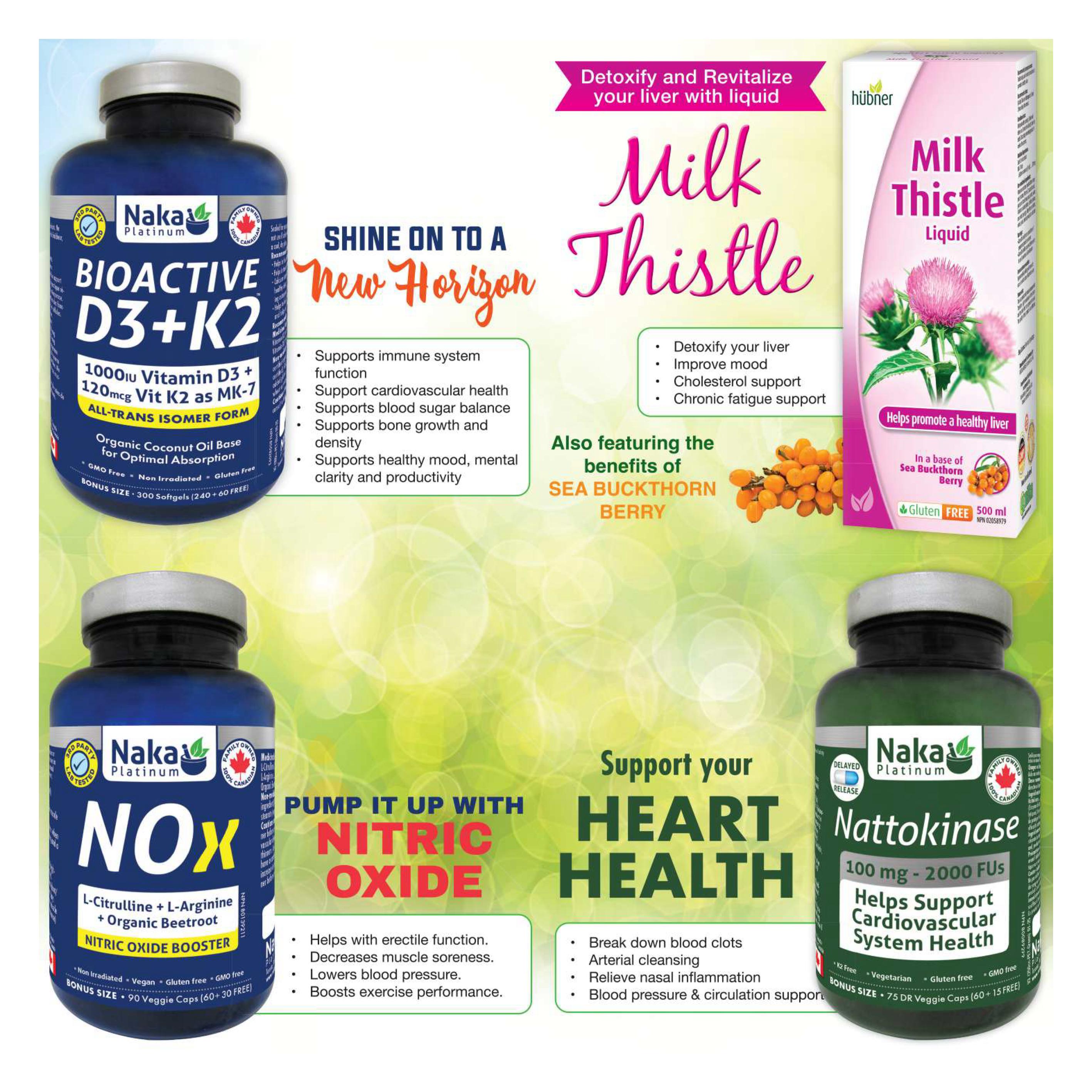 Ambrosia Natural Foods flyer, page 4. Features Naka Platinum Bioactive D3+K2, 1000iu Vitamin D3 + 120mcg Vit K2 as MK-7, in an Organic Coconut Oil Base for optimal absorption. Bonus size 300 softgels (240 + 60 free). Also features Naka Platinum NOX Nitric Oxide Booster with L-Citrulline + L-Arginine + Organic Beetroot. Bonus size 90 Veggie Caps (60 + 30 free). Benefits include helping with erectile function, decreasing muscle soreness, lowering blood pressure, and boosting exercise performance. The page also highlights Hübner Milk Thistle Liquid for detoxifying and revitalizing the liver, improving mood, cholesterol support, and chronic fatigue support. It is in a base of Sea Buckthorn Berry and is gluten-free, 500 ml. Additionally, Naka Platinum Nattokinase 100 mg - 2000 FUs is featured for cardiovascular system health, with benefits like breaking down blood clots, arterial cleansing, relieving nasal inflammation, and blood pressure & circulation support. This product is vegetarian, gluten-free, GMO-free, with a bonus size of 75 DR Veggie Caps (60 + 15 free).