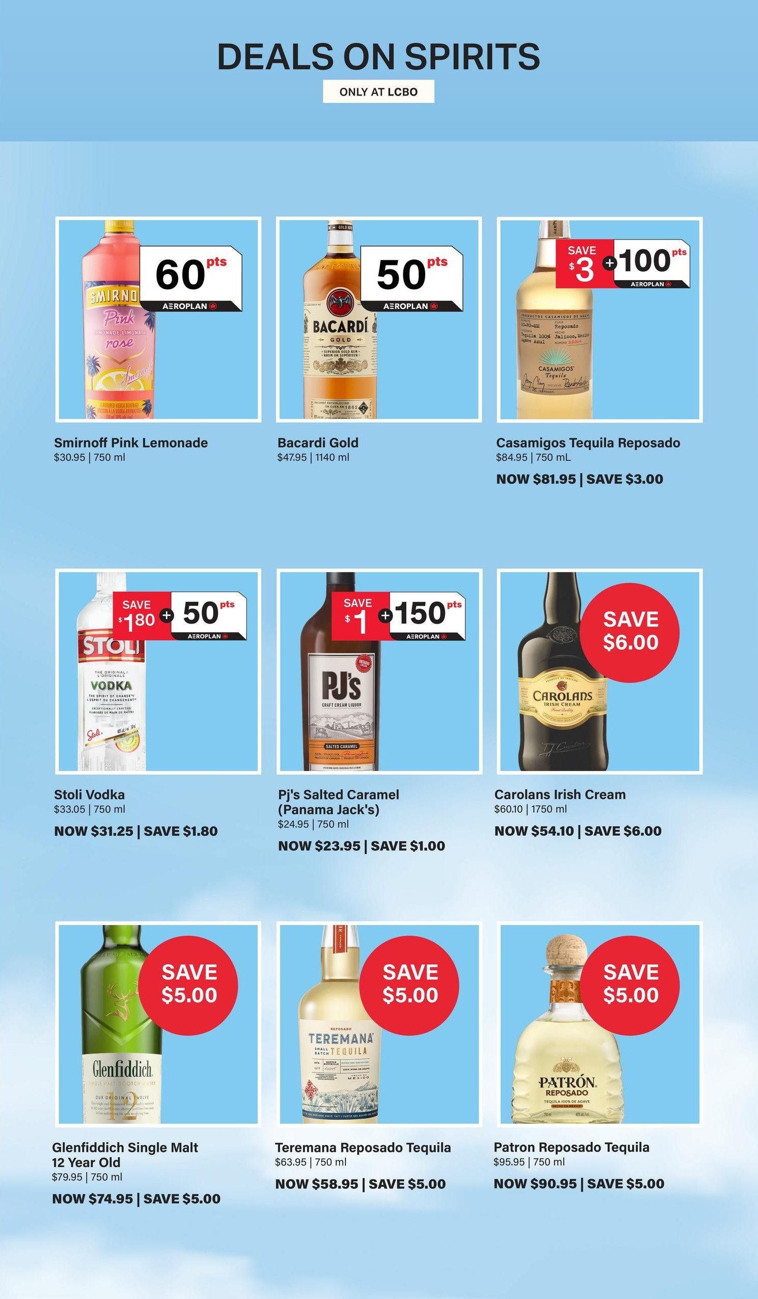LCBO Flyer Specials Page 2: Deals on Spirits. Features Smirnoff Pink Lemonade with 60 Aeroplan points, Bacardi Gold with 50 Aeroplan points, and Casamigos Tequila Reposado on sale now for $81.95, saving $3.00. Also available are Stoli Vodka, now $31.25, saving $1.80, and Pj's Salted Caramel (Panama Jack's) Craft Cream Liquor, now $23.95, saving $1.00. Carolans Irish Cream is on sale for $54.10, saving $6.00. Glenfiddich Single Malt 12 Year Old is $74.95, saving $5.00. Teremana Reposado Tequila is $58.95, saving $5.00. Patron Reposado Tequila is $90.95, saving $5.00.