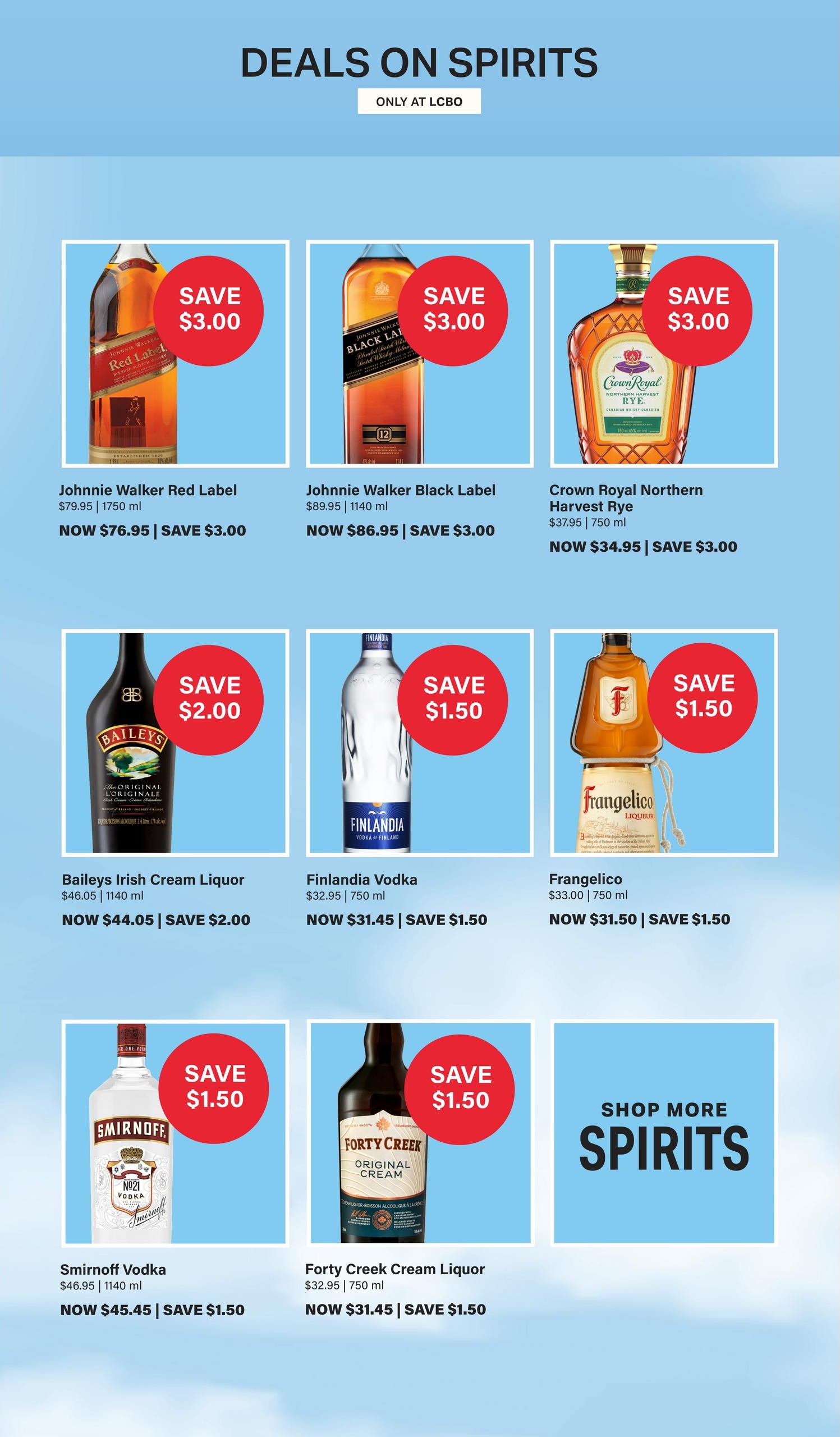 LCBO flyer page 3: Deals on Spirits, only at LCBO. Featured products include Johnnie Walker Red Label, originally $79.95, now $76.95, saving $3.00. Johnnie Walker Black Label, originally $89.95, now $86.95, saving $3.00. Crown Royal Northern Harvest Rye, originally $37.95, now $34.95, saving $3.00. Baileys Irish Cream Liquor, originally $46.05, now $44.05, saving $2.00. Finlandia Vodka, originally $32.95, now $31.45, saving $1.50. Frangelico Liqueur, originally $33.00, now $31.50, saving $1.50. Smirnoff Vodka, originally $46.95, now $45.45, saving $1.50. Forty Creek Cream Liquor, originally $32.95, now $31.45, saving $1.50. Also features a 'Shop More Spirits' section.