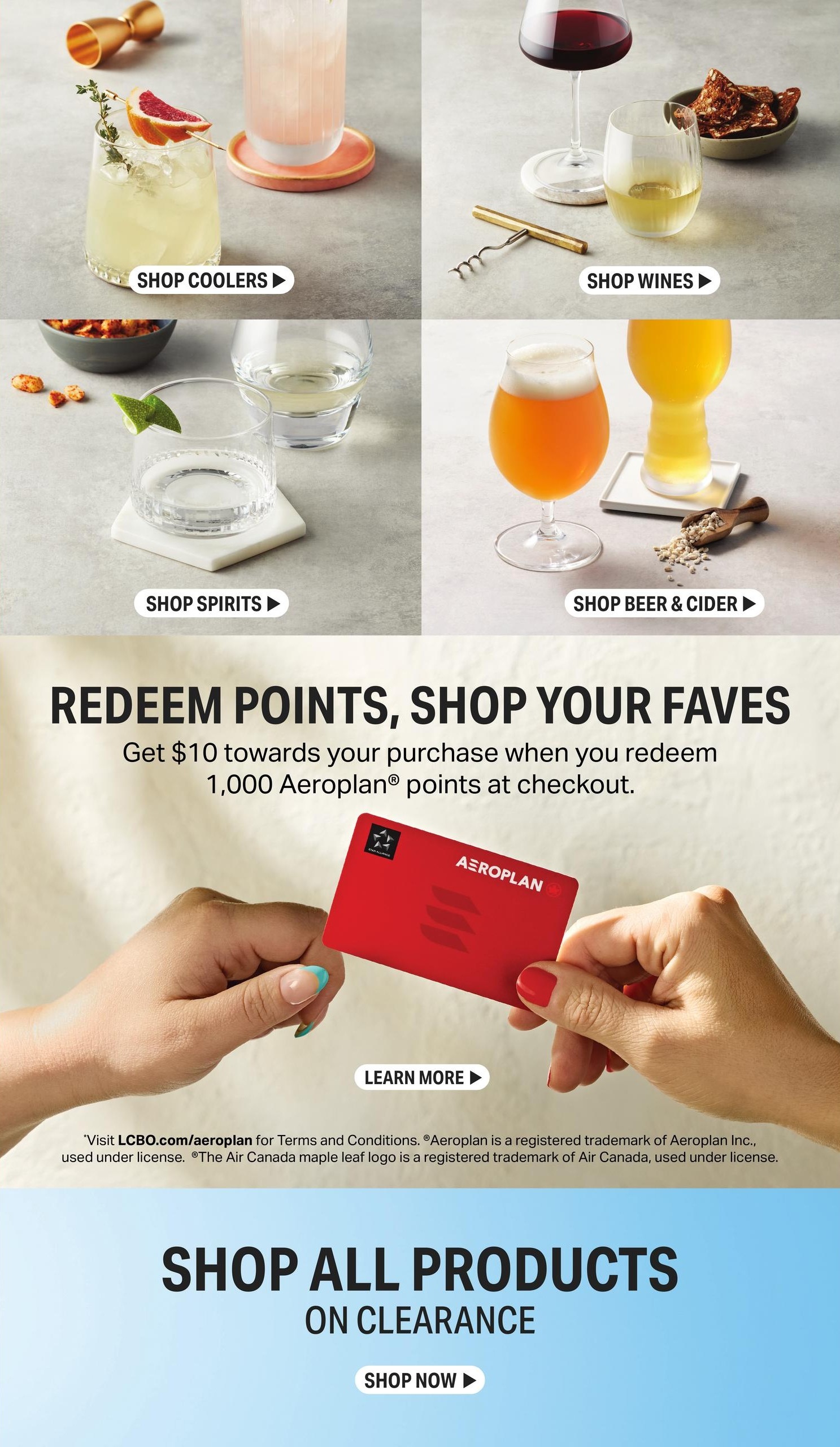 LCBO flyer page 7 featuring sections to shop coolers, wines, spirits, and beer & cider. A special offer allows customers to get $10 towards their purchase when they redeem 1,000 Aeroplan points at checkout, with a 'Learn More' button. The page also highlights 'Shop All Products On Clearance' with a 'Shop Now' button. Aeroplan and Air Canada trademarks are acknowledged.