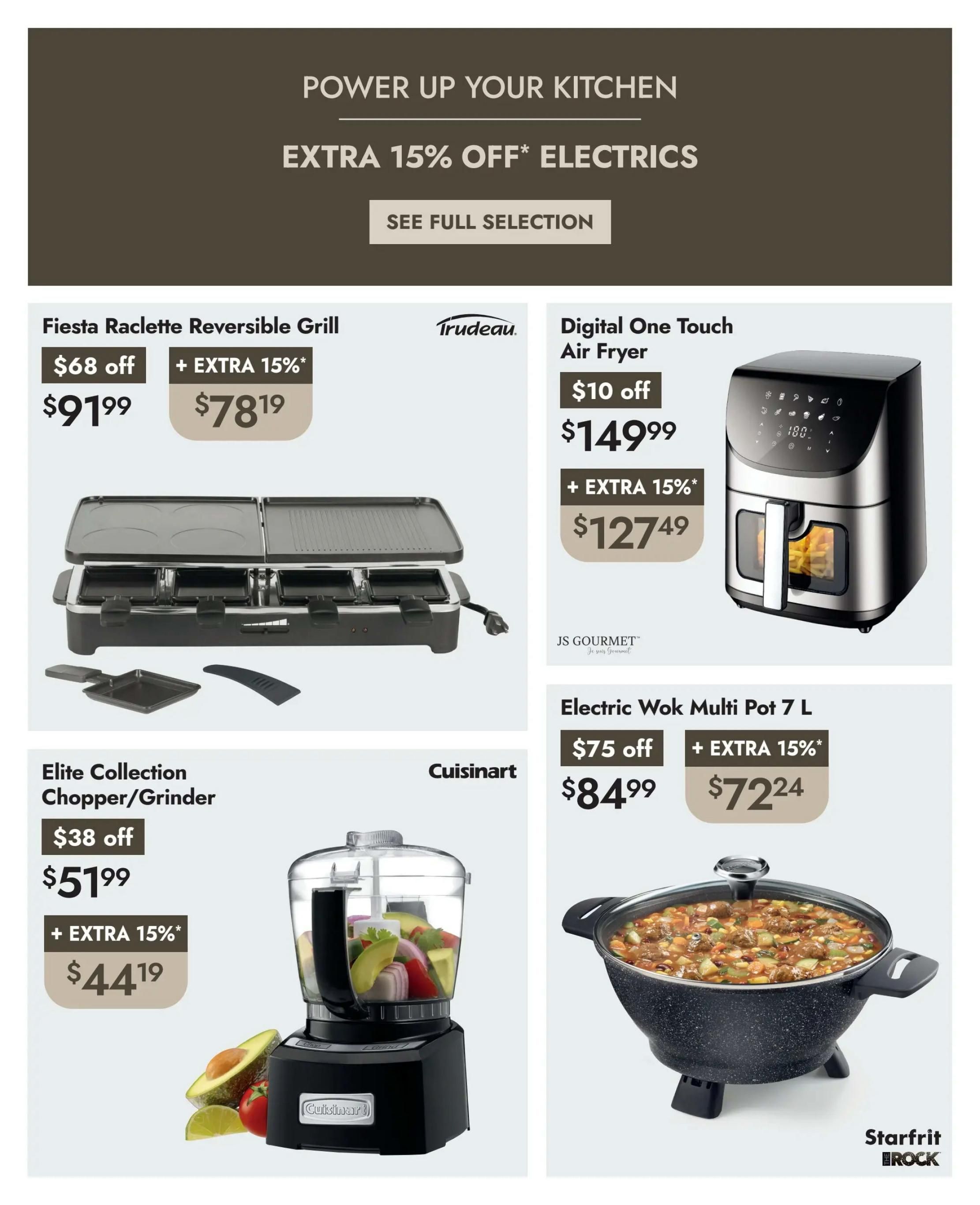 Linen Chest flyer page 2 features a 'Power Up Your Kitchen' sale with an extra 15% off select electrics. Featured items include the Fiesta Raclette Reversible Grill, originally $91.99, now $78.19 after $68 off and an extra 15% discount. The Digital One Touch Air Fryer is on sale for $127.49, down from $149.99 with a $10 off and an extra 15% discount. The Cuisinart Elite Collection Chopper/Grinder is priced at $44.19, reduced from $51.99 with a $38 off and an extra 15% discount. Additionally, the Starfrit Electric Wok Multi Pot 7 L is available for $72.24, marked down from $84.99 with a $75 off and an extra 15% discount.