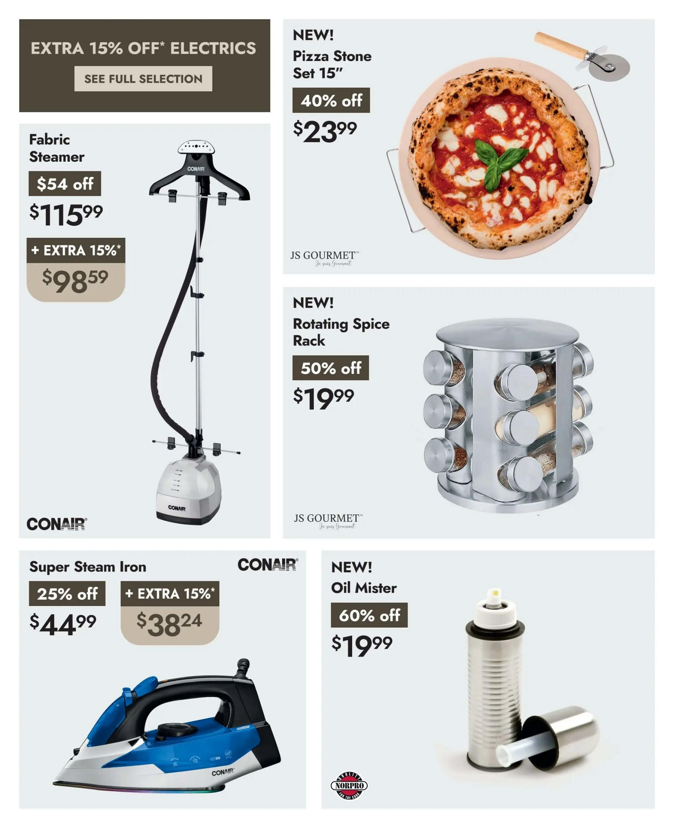 Linen Chest flyer page 4 features 'Extra 15% Off Electrics' with a 'See Full Selection' button. Featured products include a Conair Fabric Steamer, originally $115.99, on sale for $54 off, plus an extra 15% off, bringing the final price to $98.59. Also available is a NEW! JS Gourmet Pizza Stone Set 15' for $23.99 with 40% off. Another NEW! item is the JS Gourmet Rotating Spice Rack, 50% off, priced at $19.99. Additionally, a Conair Super Steam Iron is 25% off at $44.99, with an extra 15% off, making the final price $38.24. Finally, a NEW! Norpro Oil Mister is 60% off, selling for $19.99.