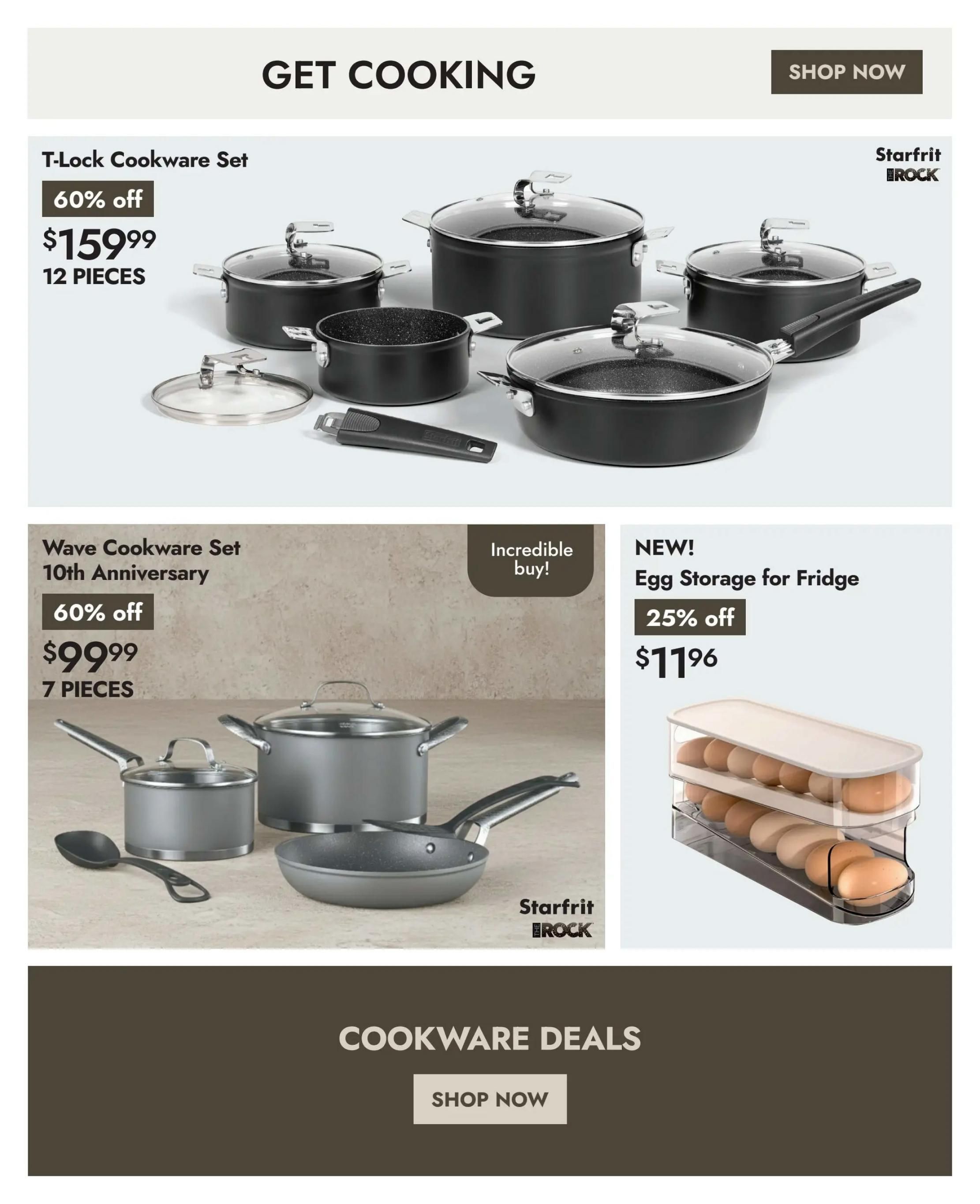 Linen Chest flyer page 5 features cookware deals. The T-Lock Cookware Set, a 12-piece set from Starfrit IROCK, is on sale for $159.99 with 60% off. Also available is the Wave Cookware Set 10th Anniversary, a 7-piece set from Starfrit IROCK, priced at $99.99 with 60% off. A new Egg Storage for Fridge is available for $11.96 with 25% off. The page also includes a section for 'Cookware Deals' with a 'Shop Now' button.