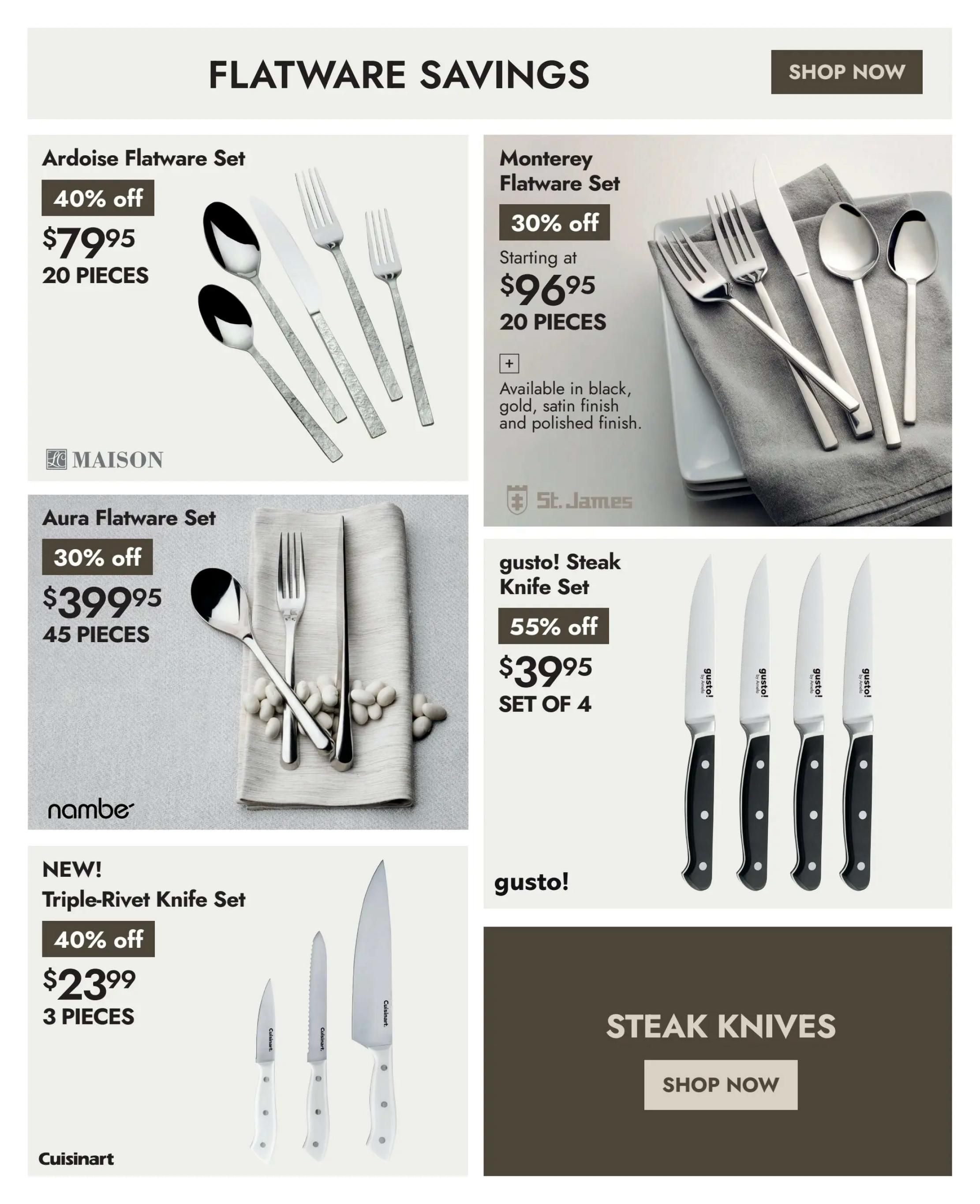 Linen Chest flyer page 7 featuring Flatware Savings. Offers include the Ardoise Flatware Set, 40% off at $79.95 for 20 pieces. The Monterey Flatware Set is 30% off, starting at $96.95 for 20 pieces, available in black, gold, satin finish, and polished finish. The Nambe Aura Flatware Set is 30% off at $39.95 for 45 pieces. Also featured is the 'gusto! Steak Knife Set' for 55% off at $39.95 for a set of 4. A 'NEW! Triple-Rivet Knife Set' from Cuisinart is 40% off at $23.99 for 3 pieces. A 'SHOP NOW' button is visible for Flatware Savings and Steak Knives.