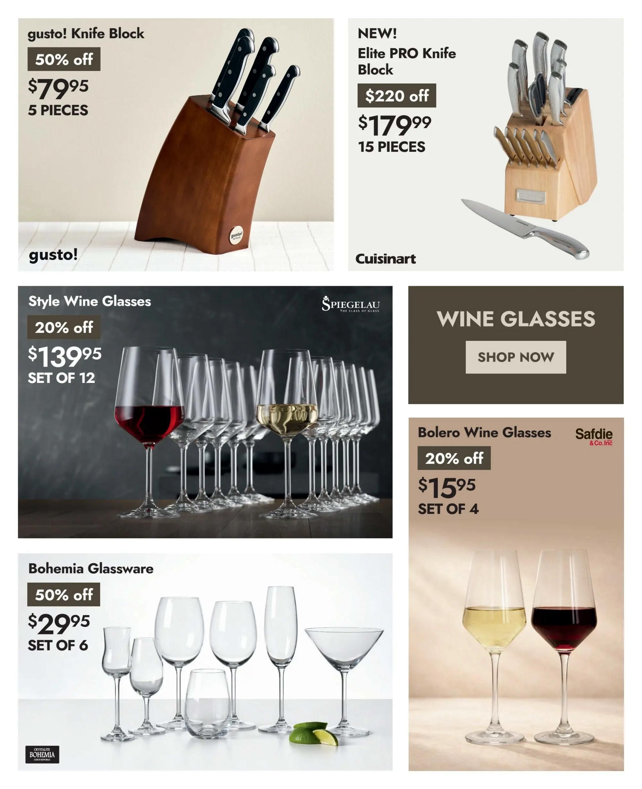 Linen Chest flyer page 8 features kitchen and dining items on sale. Top left shows a gusto! Knife Block with 5 pieces for $79.95, a 50% off discount. To the right, a NEW! Cuisinart Elite PRO Knife Block with 15 pieces is on sale for $179.99, with a $220 off discount. Below the gusto! knife block are Style Wine Glasses by Spiegelau, a set of 12, on sale for $139.95 with 20% off. A section titled 'WINE GLASSES' with a 'SHOP NOW' button is also visible. Below the Style Wine Glasses are Bohemia Glassware items, a set of 6, on sale for $29.95 with 50% off. Finally, on the right side, Bolero Wine Glasses by Safdie & Co. Inc. are featured, a set of 4, for $15.95 with 20% off. Two wine glasses, one with white wine and one with red wine, are shown.