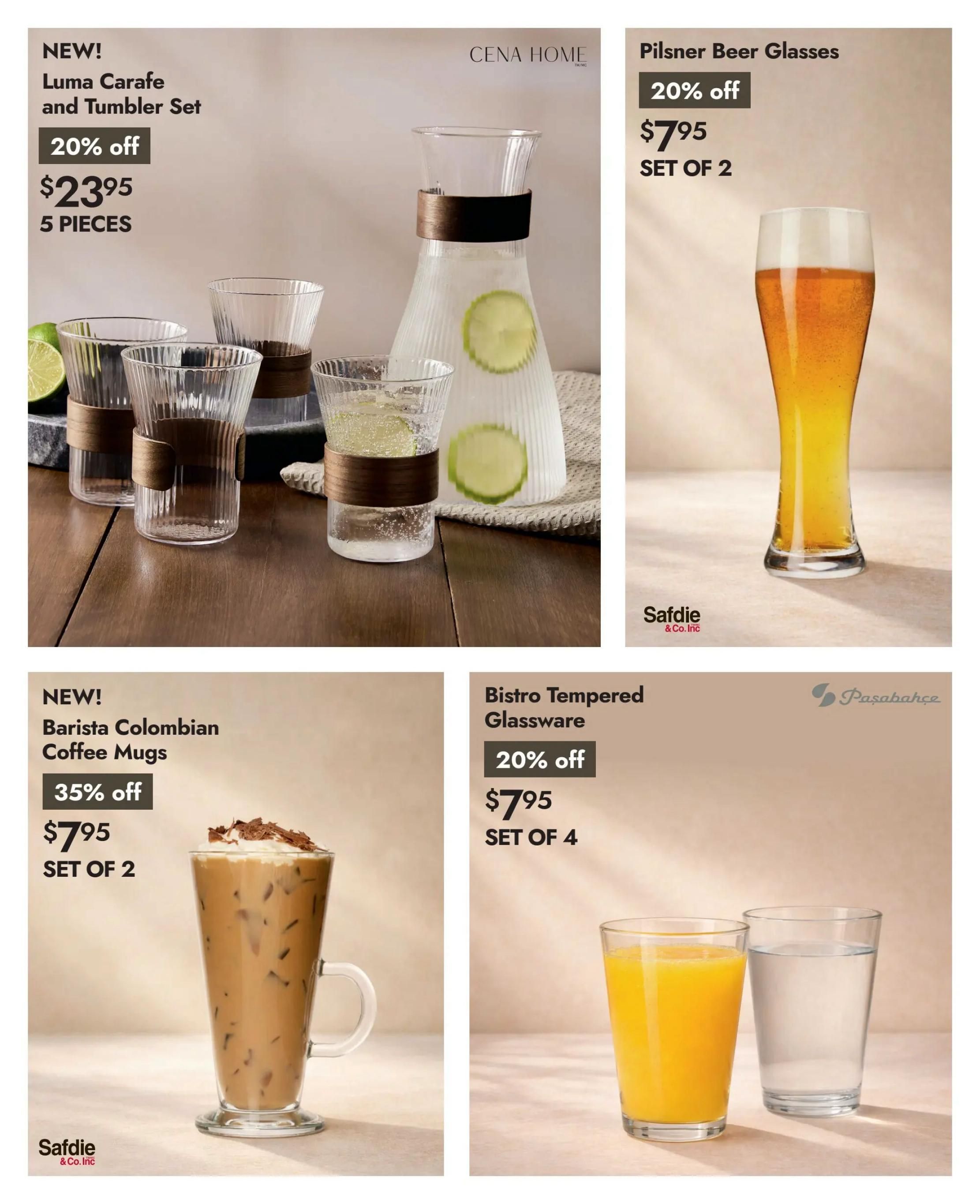 Linen Chest page 9 features new arrivals and dining sale items. The Luma Carafe and Tumbler Set is 20% off, priced at $23.95 for 5 pieces. Also available are Pilsner Beer Glasses for $7.95 per set of 2, with a 20% discount. New Barista Colombian Coffee Mugs are 35% off, selling for $7.95 for a set of 2. Additionally, Bistro Tempered Glassware is on sale for $7.95 for a set of 4, with a 20% discount.