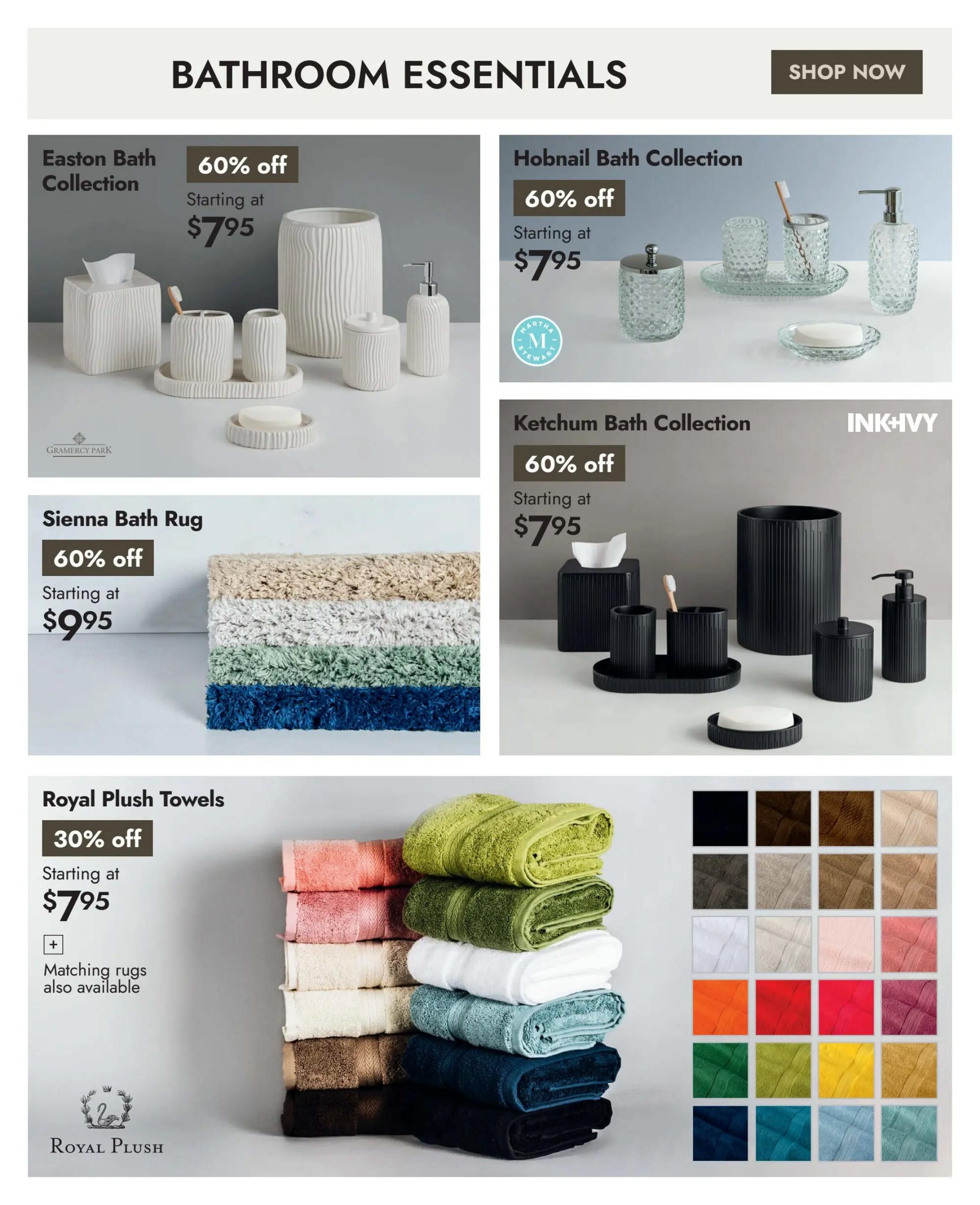 Linen Chest flyer page 10 features bathroom essentials with significant discounts. The Easton Bath Collection is 60% off, starting at $7.95. The Hobnail Bath Collection, also 60% off, starts at $7.95 and includes items from Martha Stewart. The Ketchum Bath Collection by INK+IVY is also 60% off, starting at $7.95. The Sienna Bath Rug is 60% off, starting at $9.95. Royal Plush Towels are 30% off, starting at $7.95, with matching rugs also available. A grid displays various colours of Royal Plush Towels.